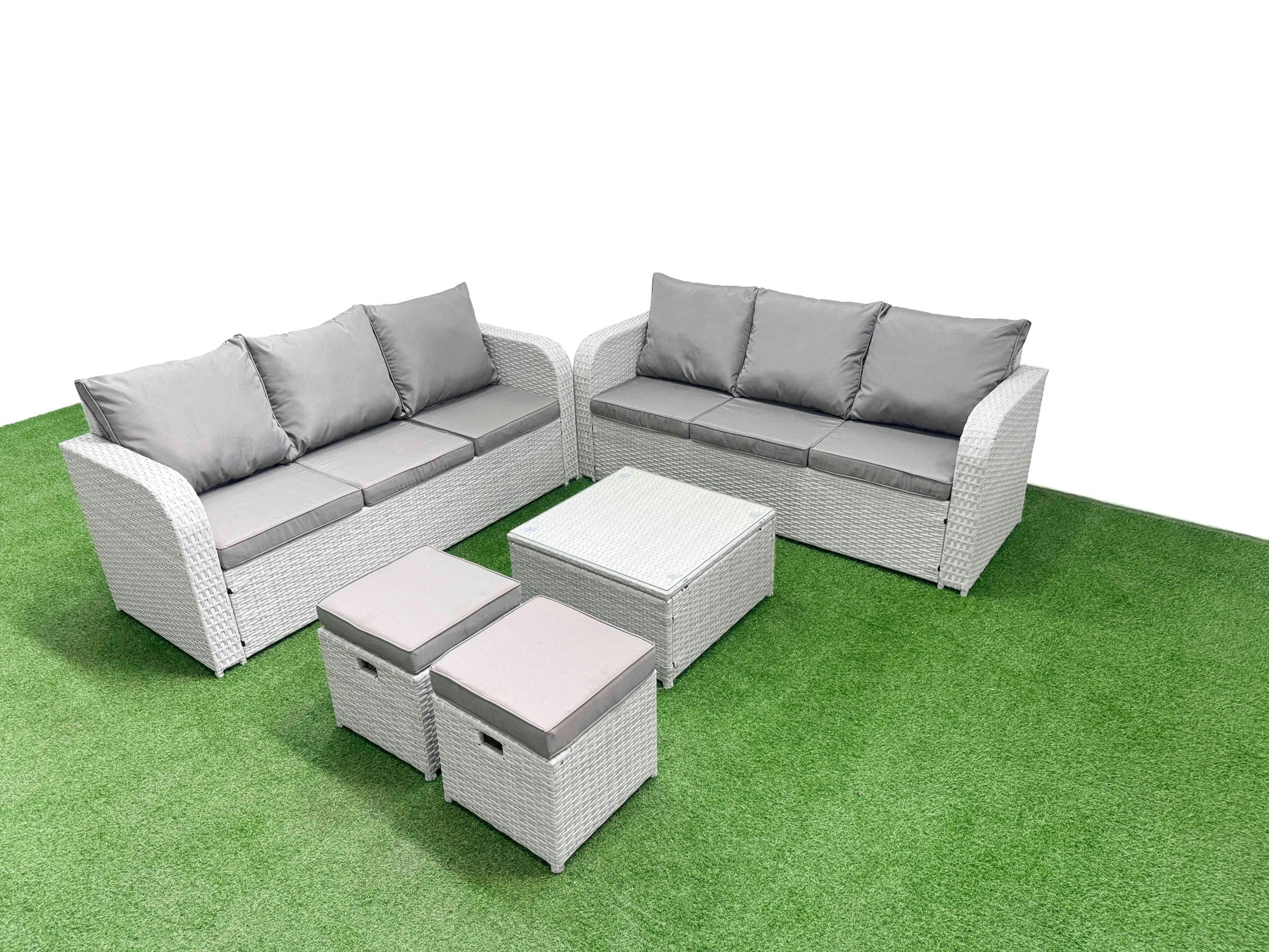 Fimous Light/Grey Outdoor Garden Furniture Sets 8 Seater Wicker Rattan Furniture Sofa Sets With Square Coffee Table High Back Lounge Sofa Stools