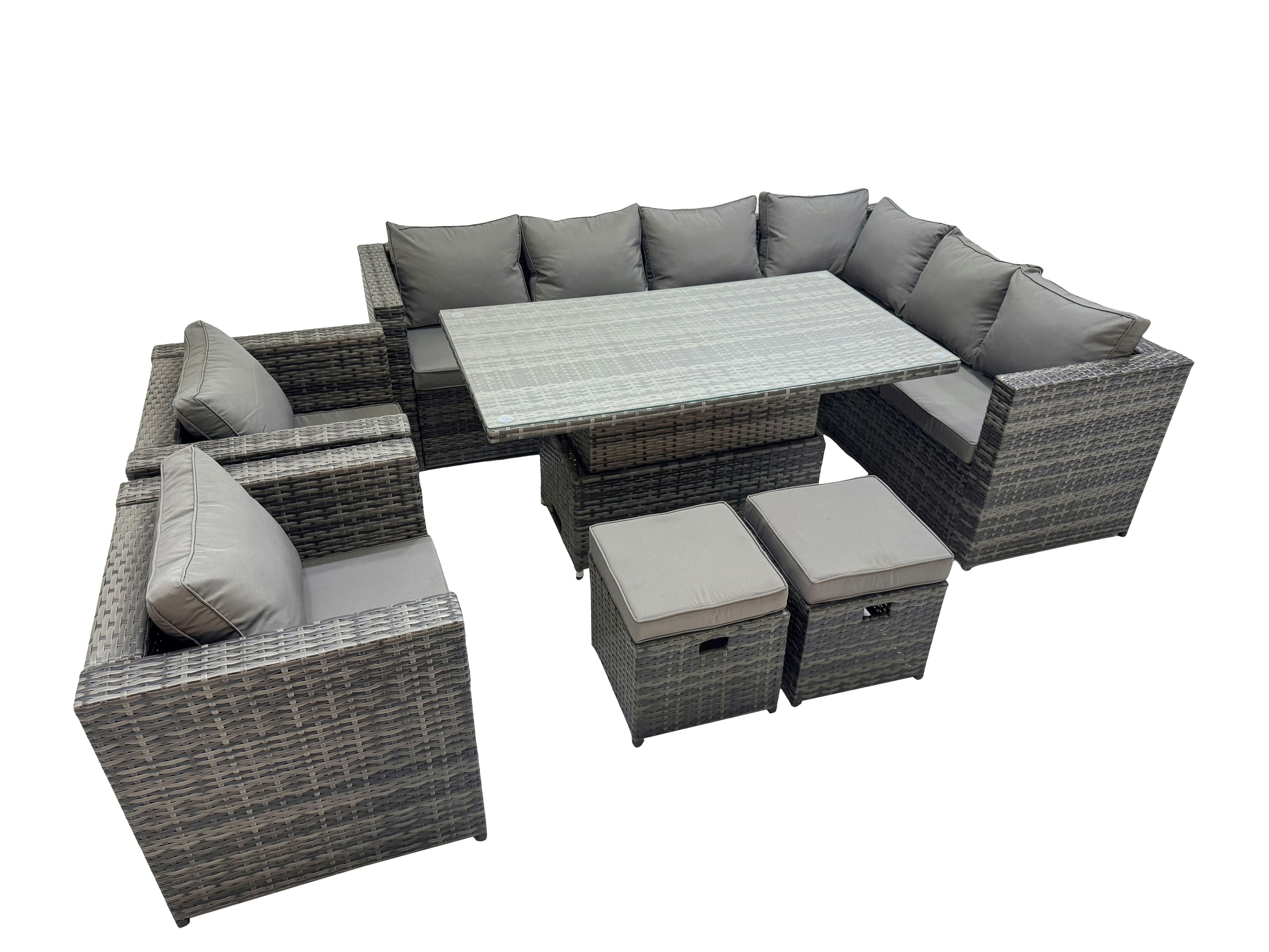 Fimous Dark/Grey 10 Seater Rattan Height Adjustable Rising Lifting Table Corner Sofa Sets With 2 Chairs 2 Small Stools Mixed