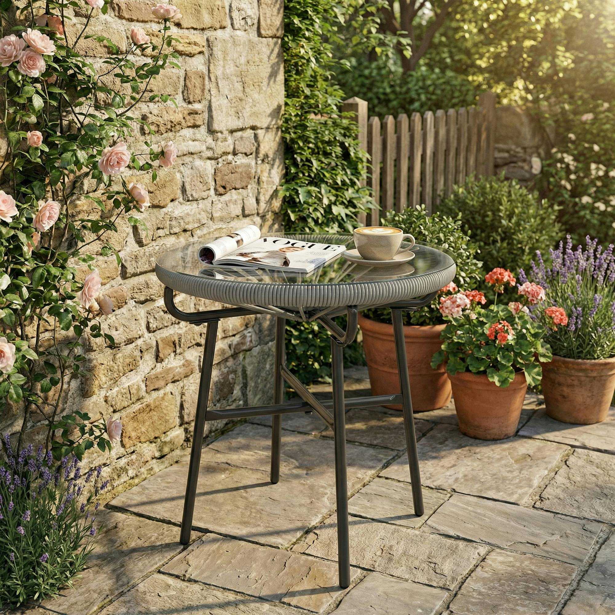 Outsunny Light/Grey Rattan Side Table W/ Tempered Glass Tabletop, - 1 - 50 X 50 X 50 Cm - 50
