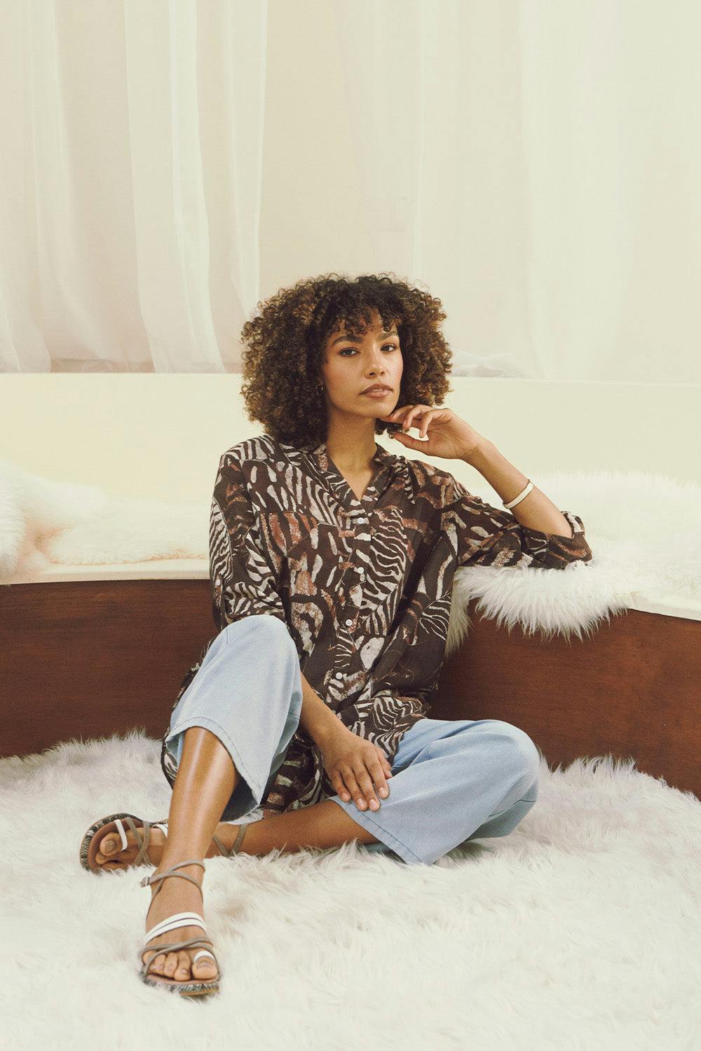 Izabel London Brown Animal Print Semi Sheer Longline Shirt - 12