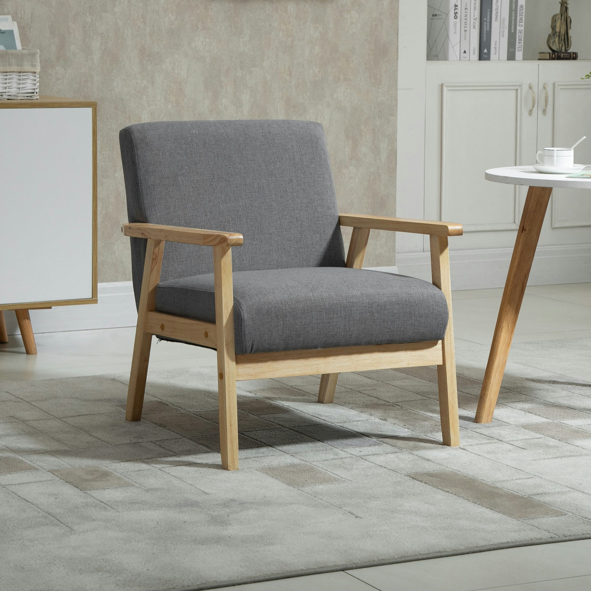 Homcom Grey Accent Chair With Wood Frame Wide Seat Linen Armchair - Linen