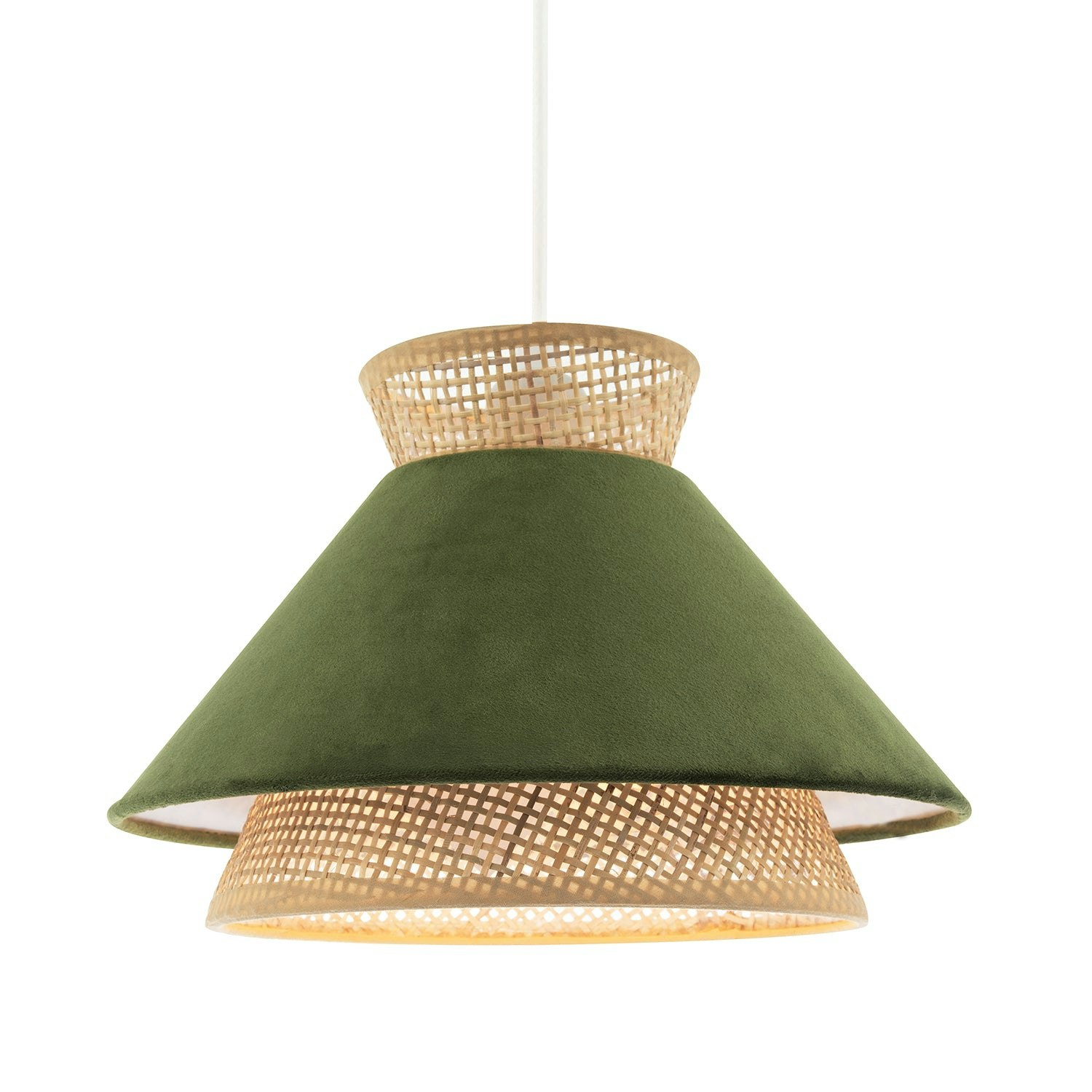 Rackhams Dark Designer Olive Velvet And Natural Rattan Pendant Lighting Shade