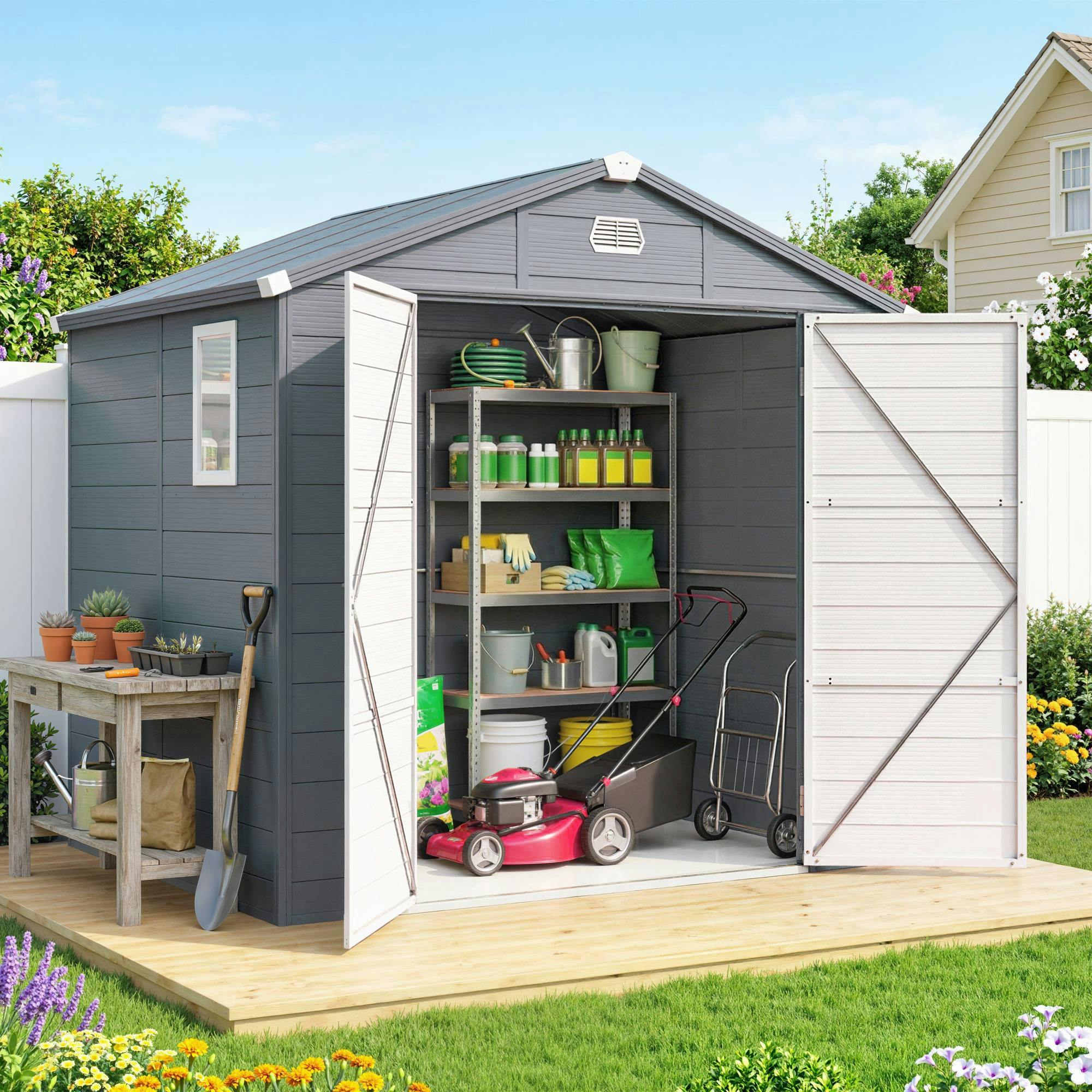 Outsunny Grey 8 X 6Ft Garden Shed Storage W/ Foundation Kit, Vents,