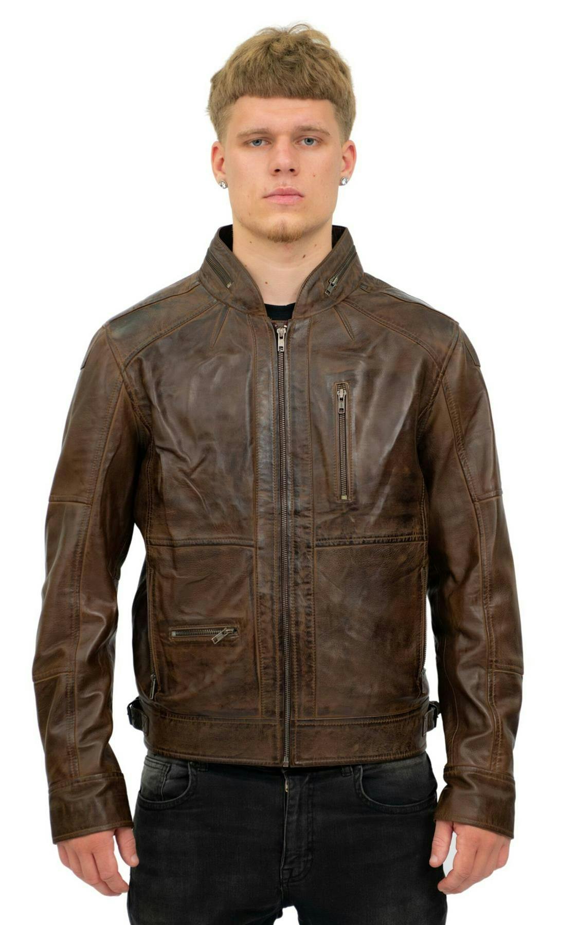 Infinity Leather Men's Brown Retro Biker Leather Jacket-Sydney - Uk 3XL | Eu 56 | Us 46