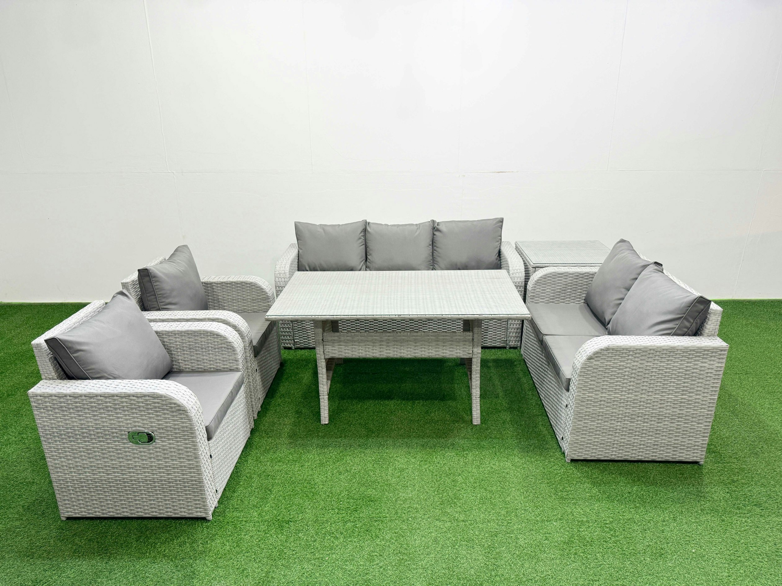Fimous Light/Grey Pe Rattan Garden Furniture Set Reclining Chair Sofa Double Love Seat 2 Seater Sofa Lounge Set Rectangular Dining Table Side Table