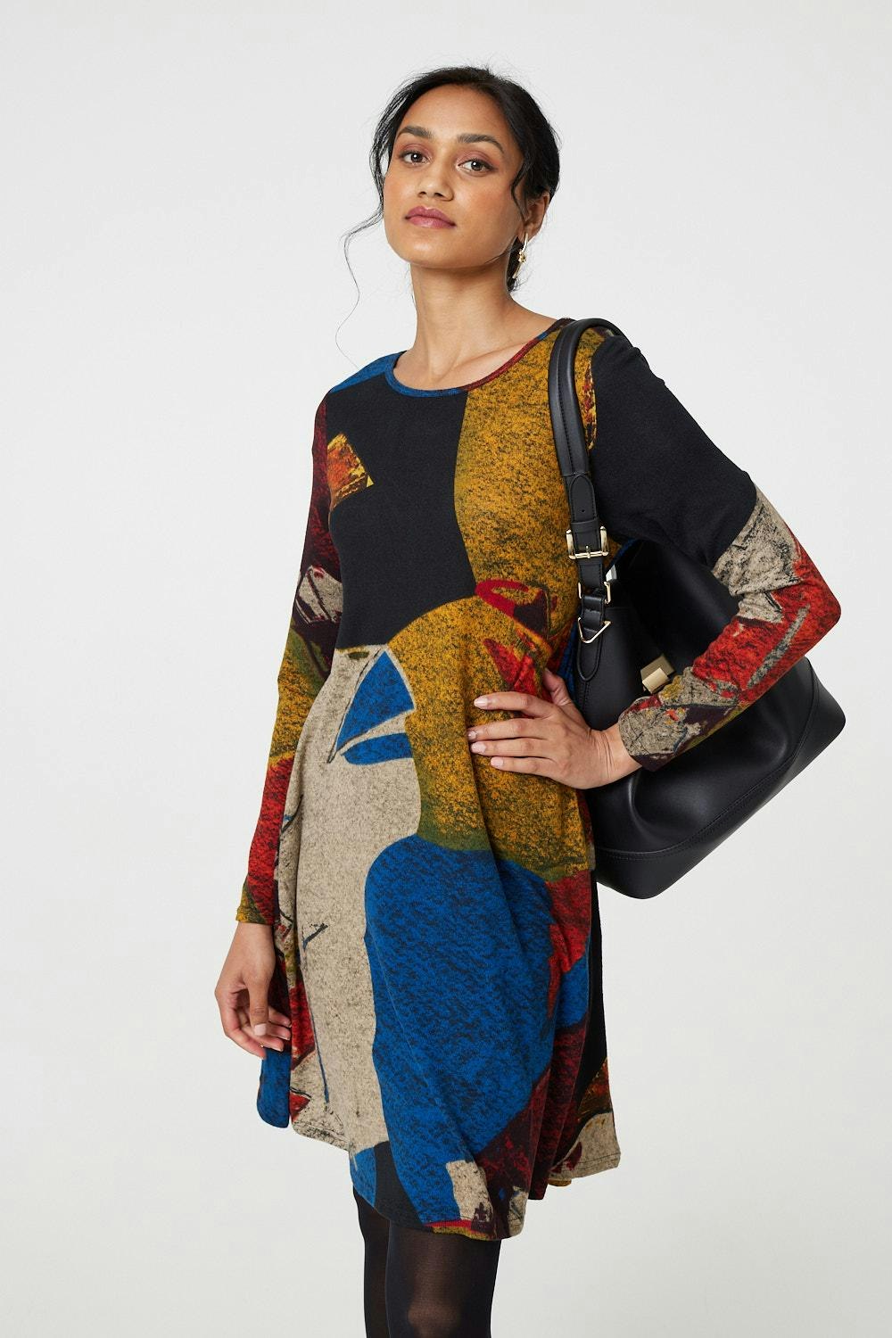 Izabel London Red Abstract Print Long Sleeve Short Swing Dress - 14