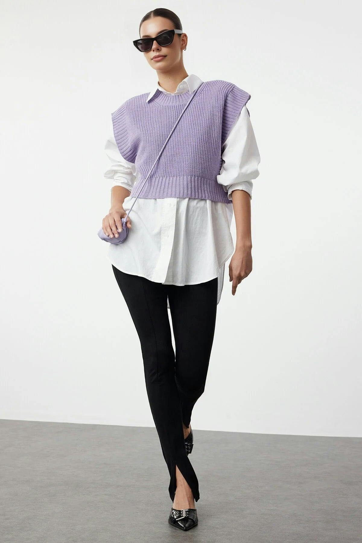 Wovcor Lilac Crop Crew Neck Knit Sweater - S