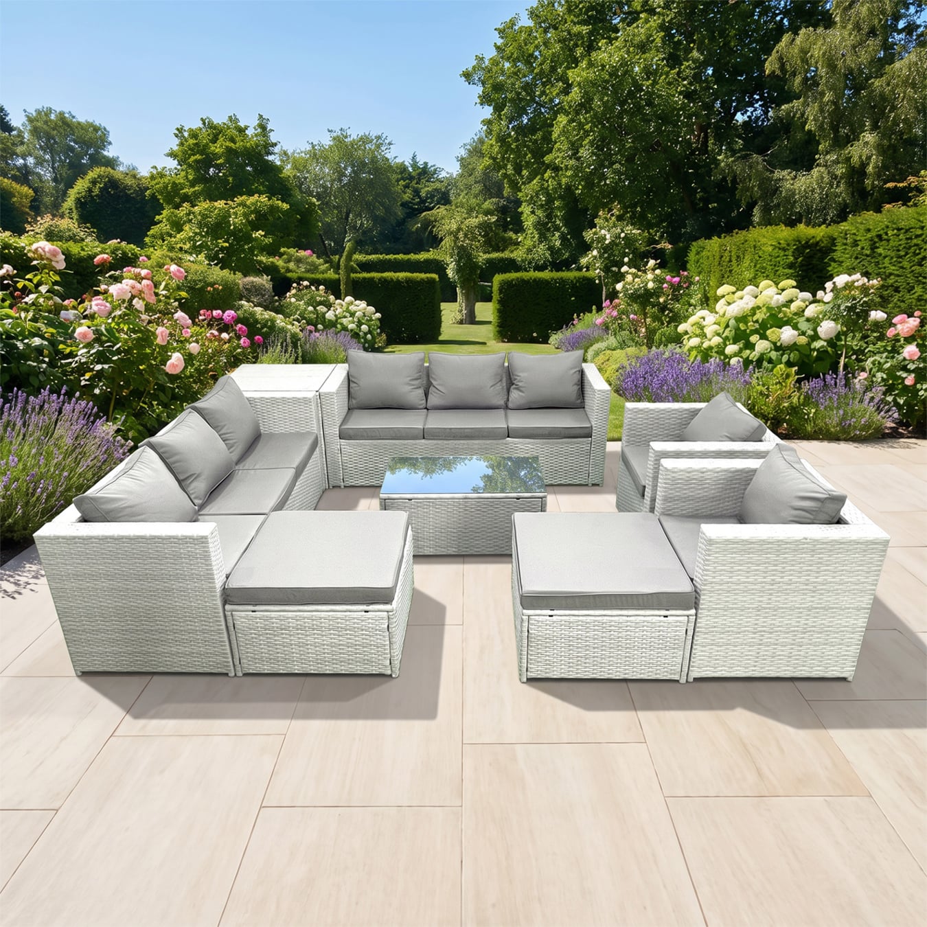 Rackhams Light/Grey 10 Seater Rattan Garden Furniture Set With 2 Sofas, 2 Armchairs, Coffee Table, 2 Footstools & Side Table - Mixed