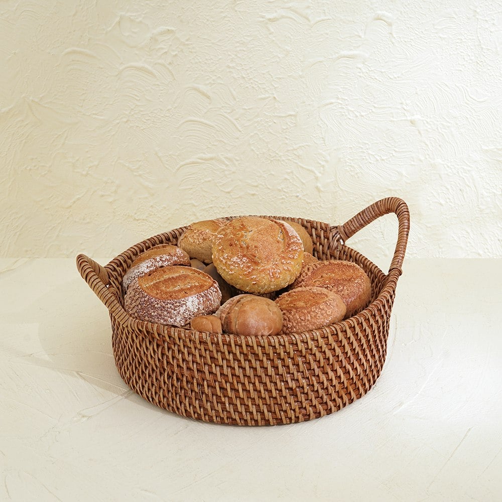 Rackhams Brown Small Rattan Round Basket With Handles - 4 Colours - Honey
