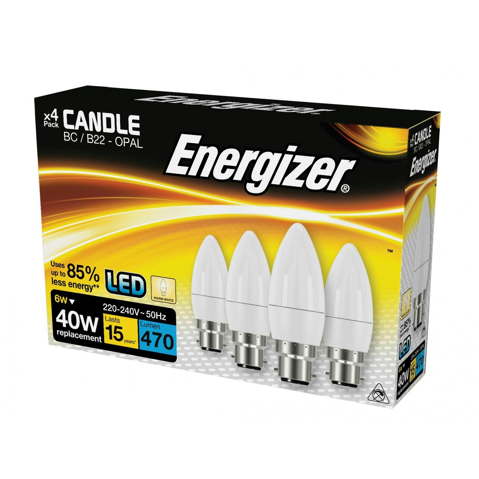 Energizer Light Led Opal Candle Non-Dimmable Bulb - Multi Colour - Bc (B22) 470 Lumen 5.9W Pack Of 4 - Multi Colour