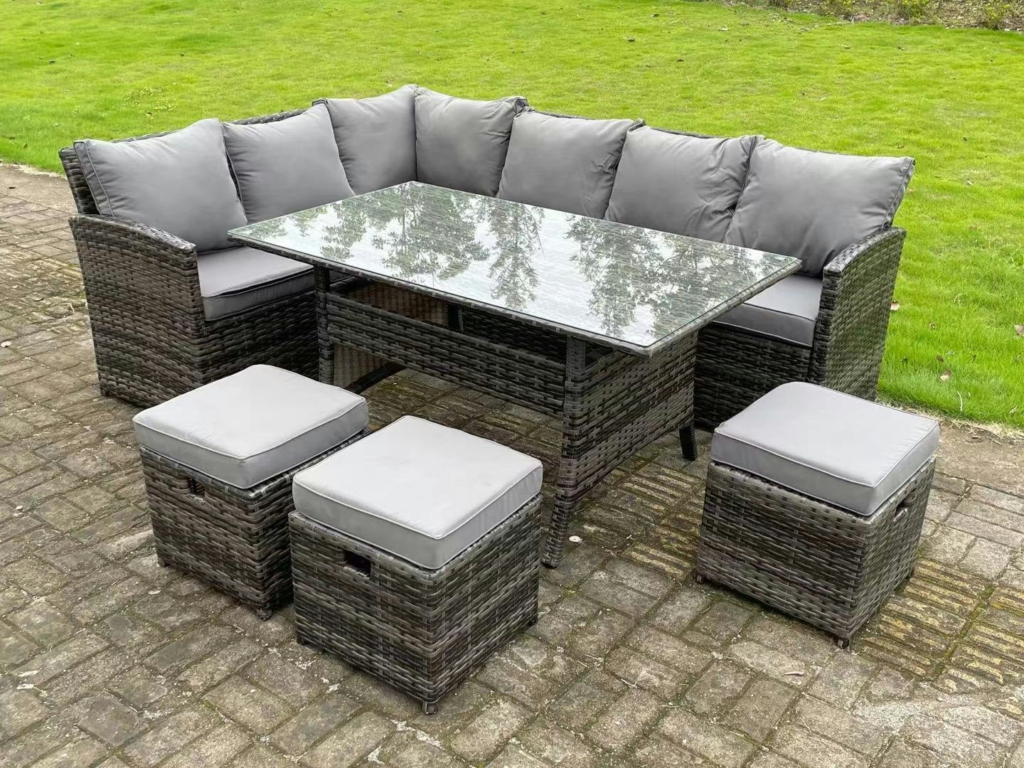 Fimous Dark/Grey High Back Mixed Rattan Corner Sofa Set Outdoor Furniture Rectangular Dining Table 3 Small Footstools 9 Seater