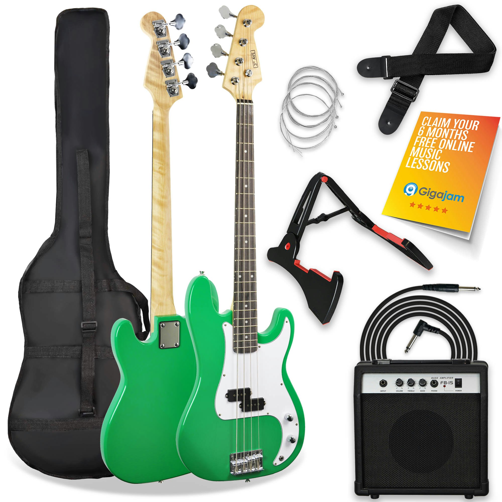3Rd Avenue Green Electric Bass Guitar Pack