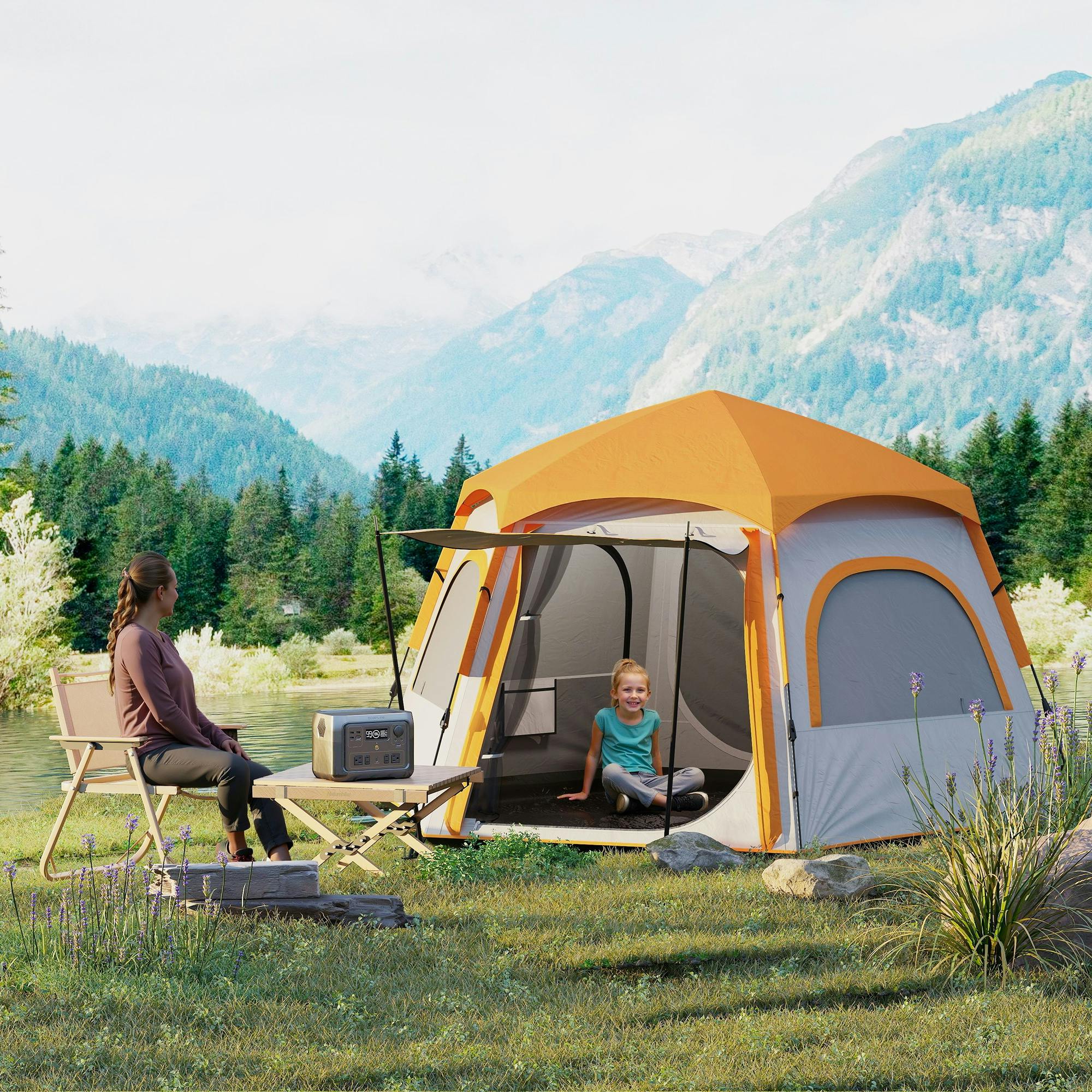 Outsunny Light/Grey Instant Camping Tent, 4 Person Easy Setup Dome Tent,