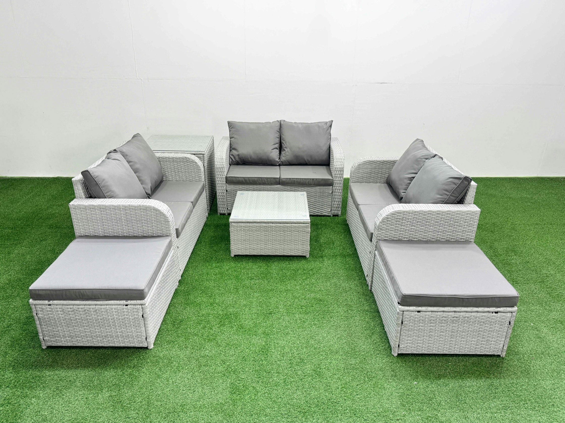 Rackhams Light/Grey 8 Seater Pe Wicker Rattan Furniture Sofa Sets With Square Coffee Table 2 Seater Love Sofa 2 Big Footstool Side Table