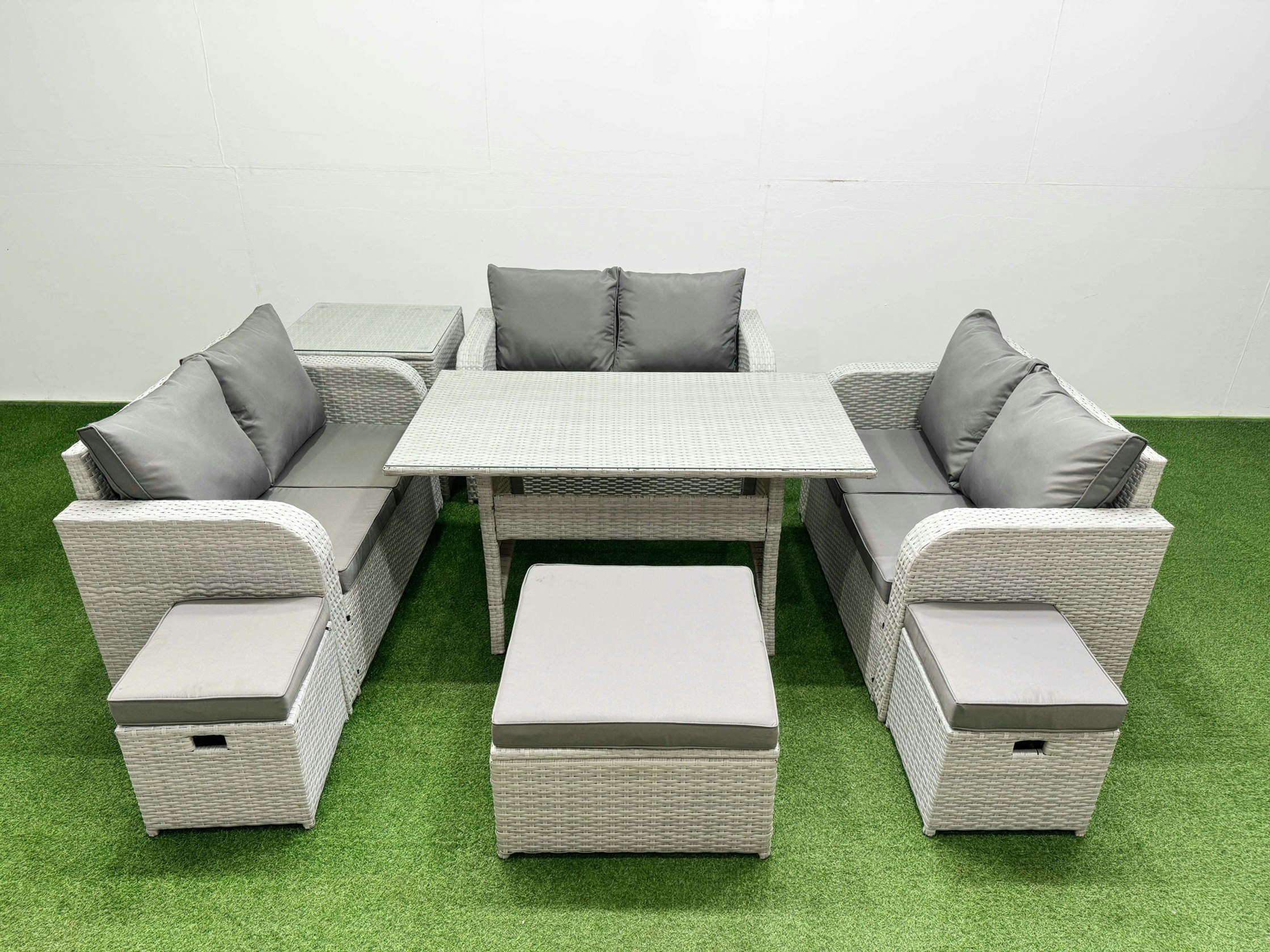 Rackhams Light/Grey 9 Seater Pe Wicker Rattan Furniture Sofa Sets With Rectangular Dining Table 2 Seater Love Sofa 3 Stool Side Table