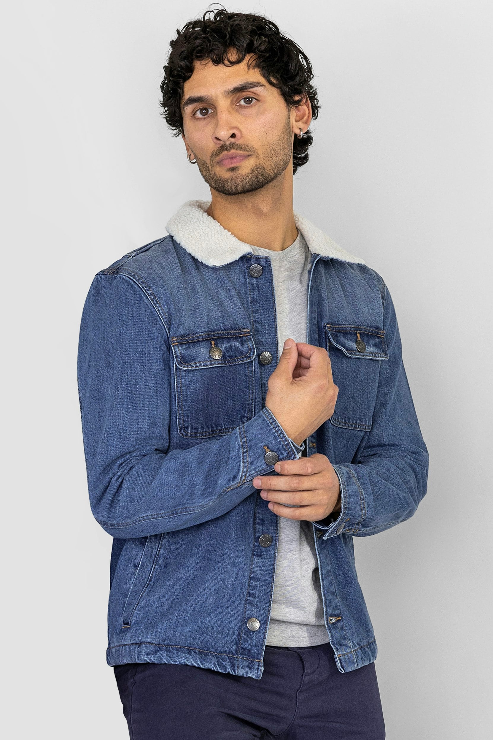 Enorsia Men's Blue Borg Collar Cotton Denim Tucker Jacket - Xxl - Mid - Body: 100% Cotton: Lining: 100% Polyester
