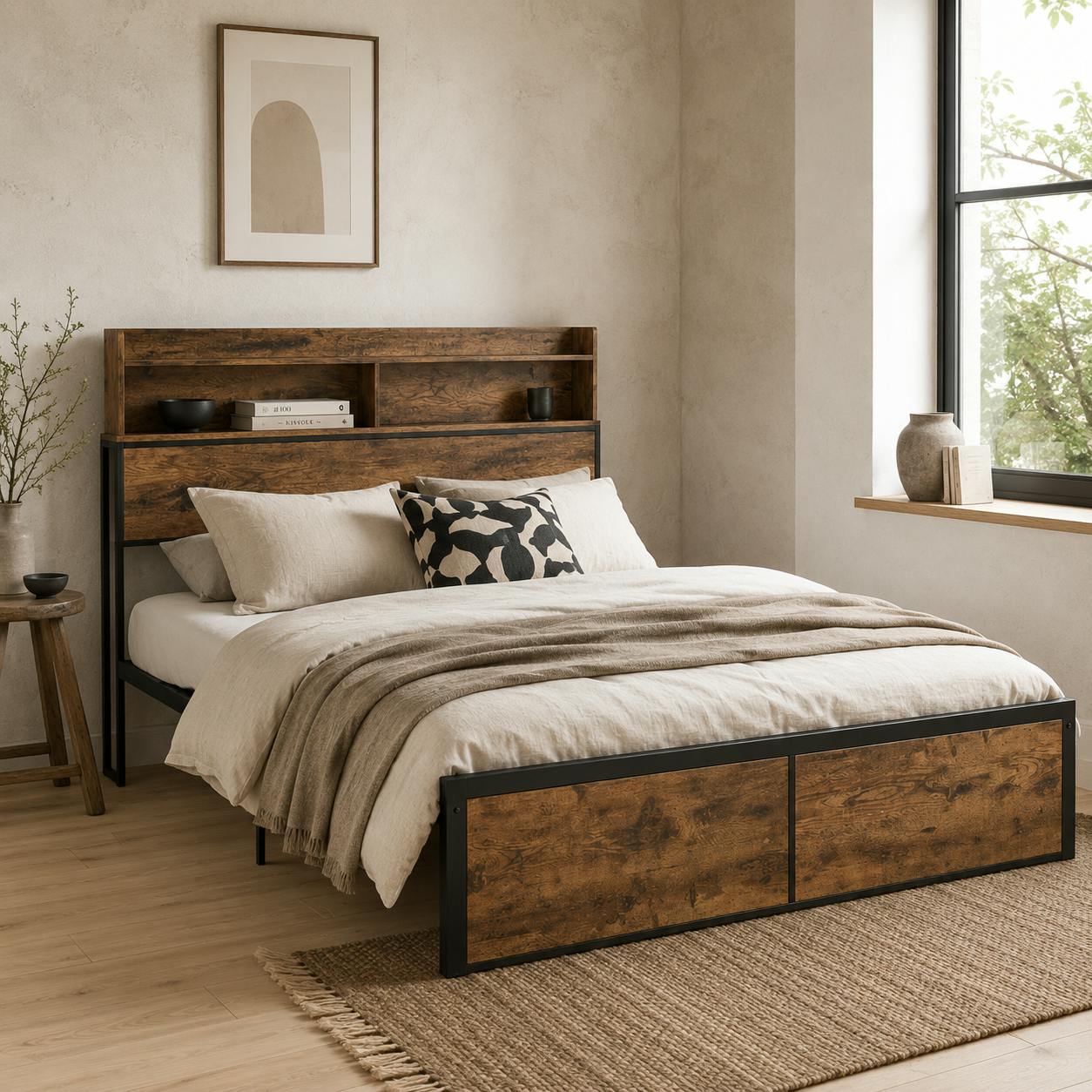 Wyld Haus Brown/Black Sata 4Ft8 Rustic And Industrial Double Bed Frame With Shelves