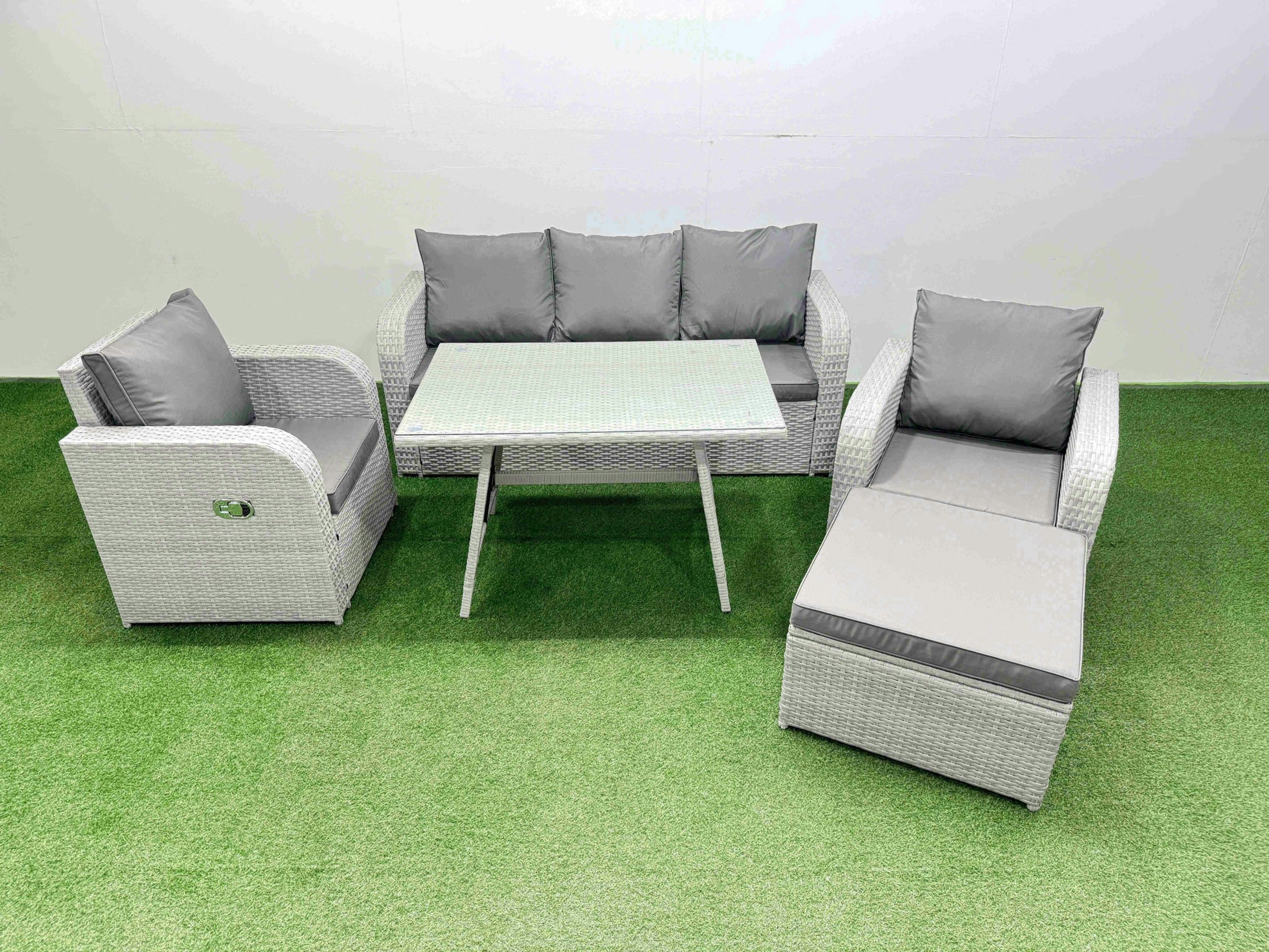 Fimous Light/Grey Reclining Chair 3 Seat Sofa Set Garden Furniture Set With Rectangular Dining Table Big Footstool