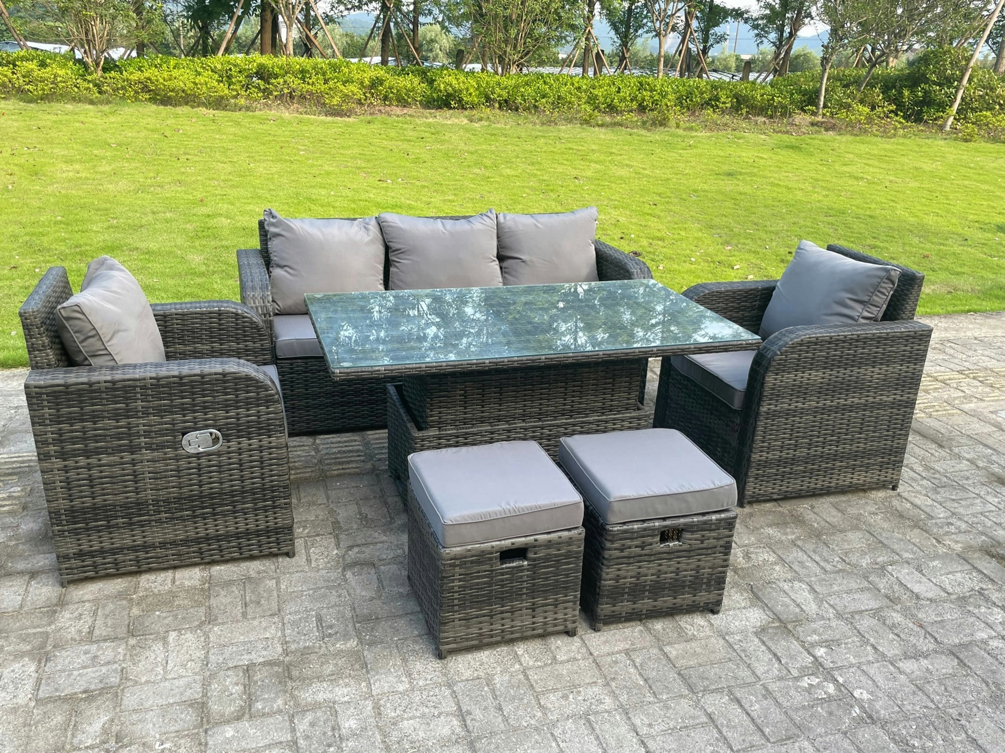 Fimous Dark/Grey Mixed Rattan Outdoor Garden Furniture Lifting Adjustable Dining Or Coffee Table Sets Lounge Sofa Recling Chairs Footstools 7 Seater