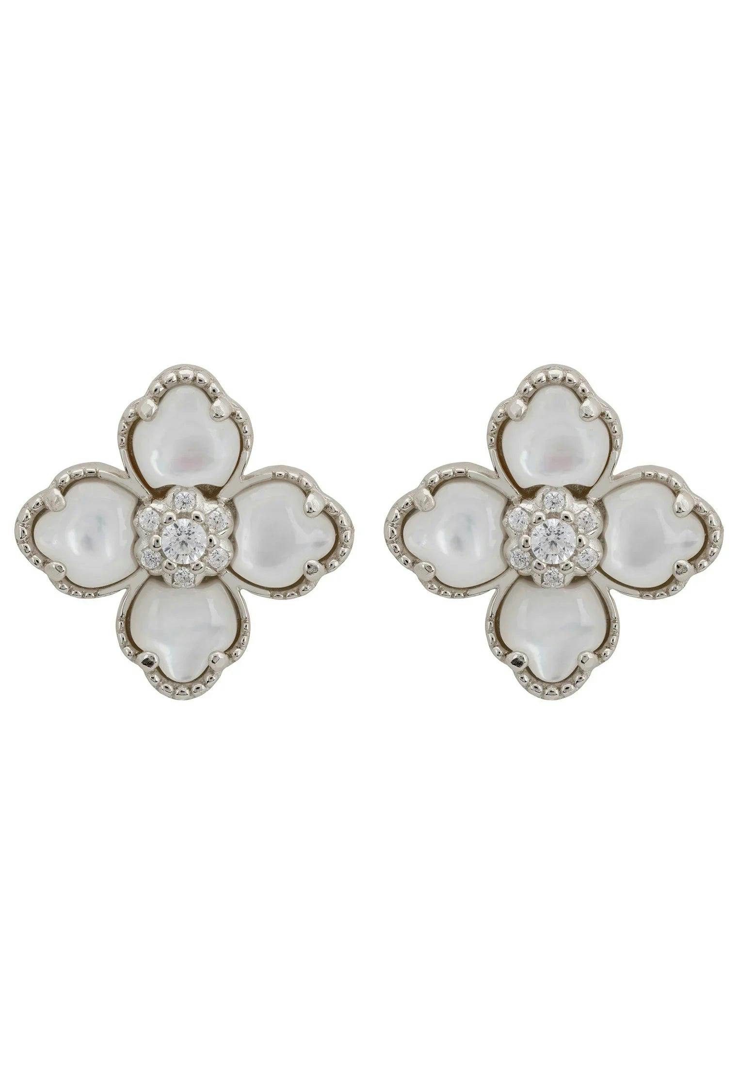 Latelita Silver Flower Clover Mother Of Pearl Stud Earrings