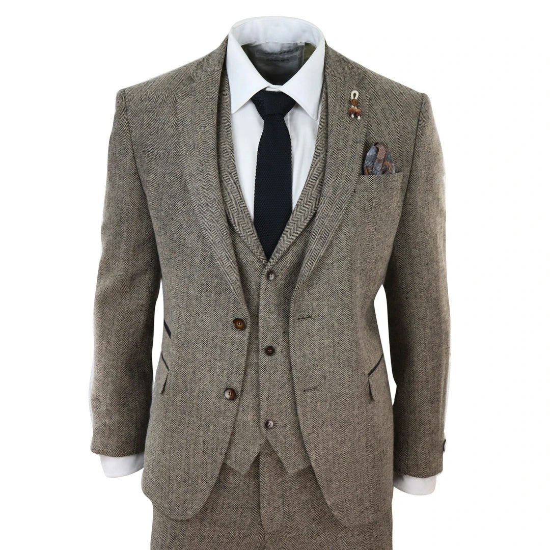Truclothing Men's 281-03 - Oak 3 Piece Tweed Suit Herringbone Wool Fit - 38" Jacket 32" Trousers