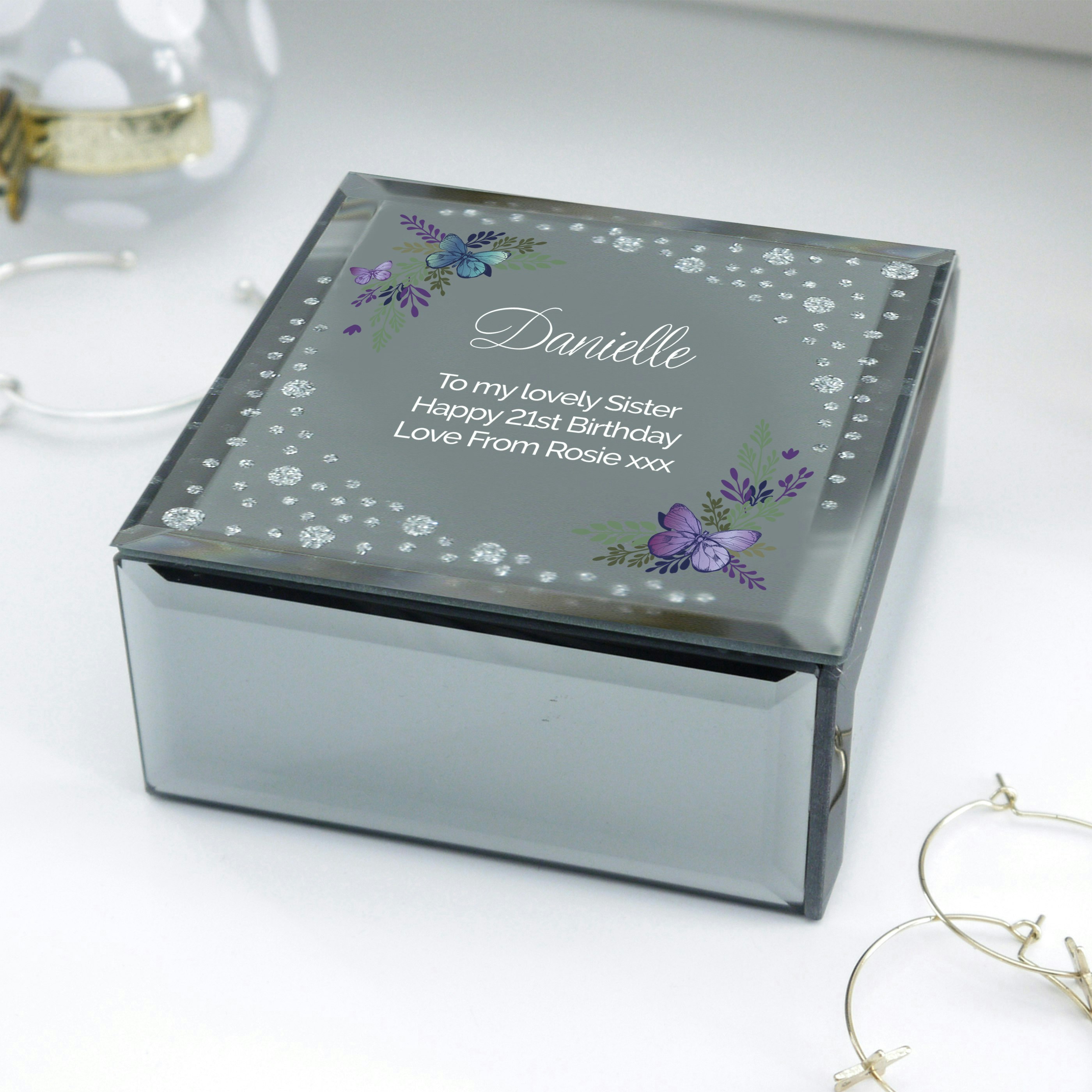 Personalised Memento Company Black Personalised Butterfly Diamante Glass Trinket Box