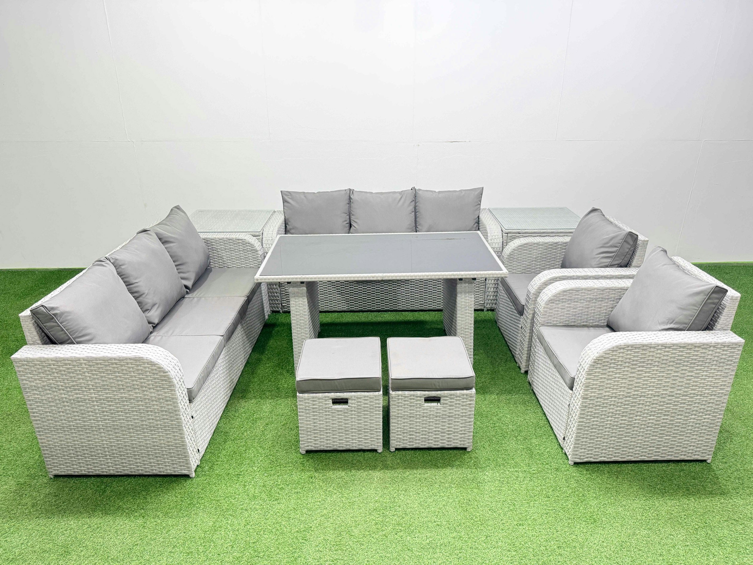 Rackhams Light/Grey 10 Seater Wicker Pe Rattan Furniture Outdoor Dining Table 3 Seater Sofa Reclining Chair Set With 2 Side Tables 2 Small Stools