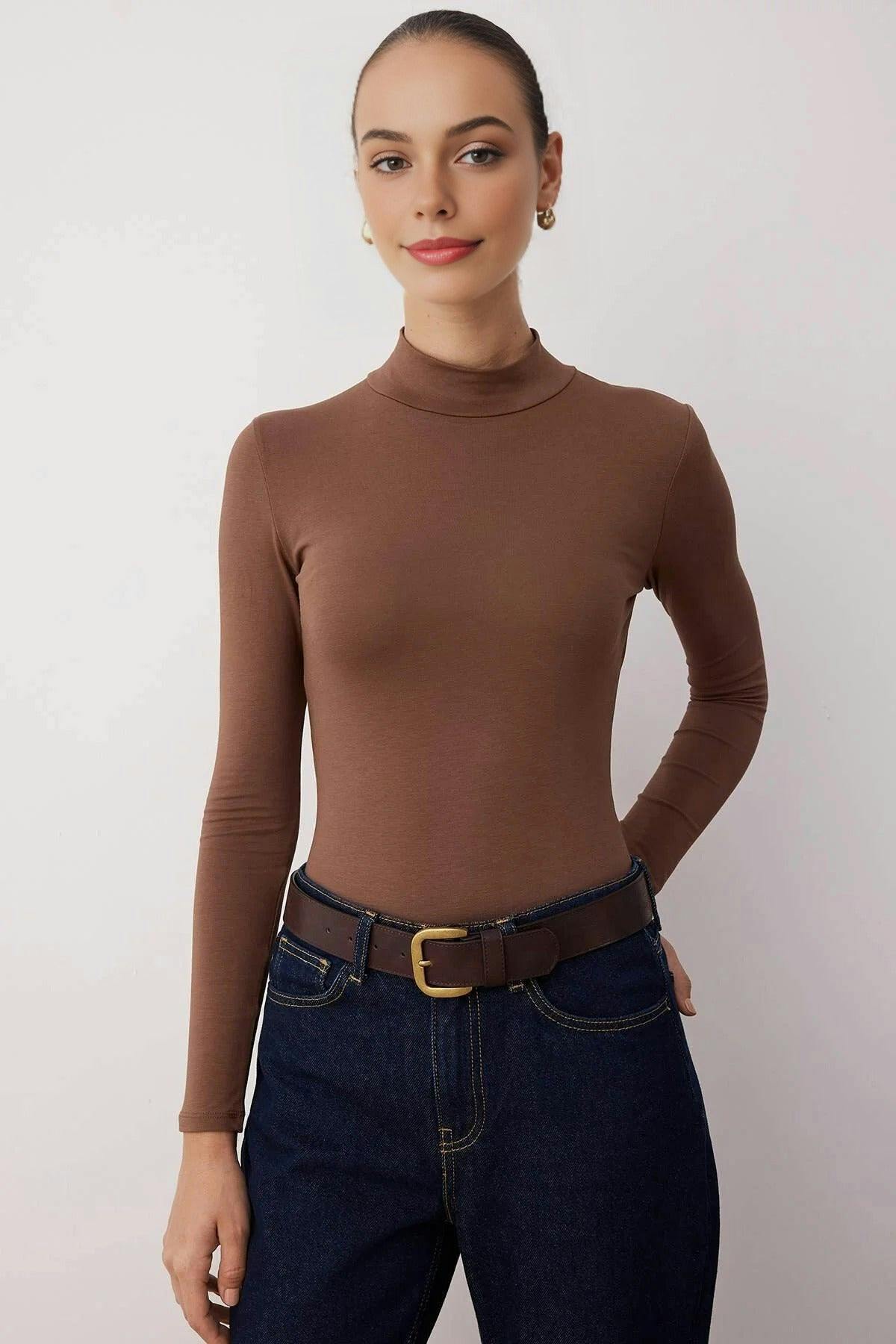Wovcor Brown Turtleneck Knit Bodysuit - Xl