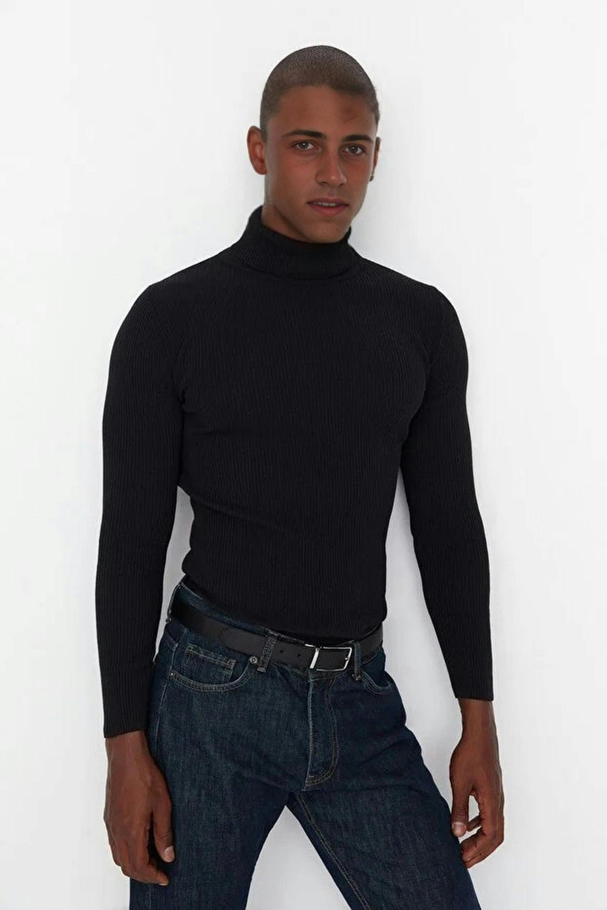 Wovcor Men's Black Slim Fit Turtleneck Ribbed Knit Sweater - M