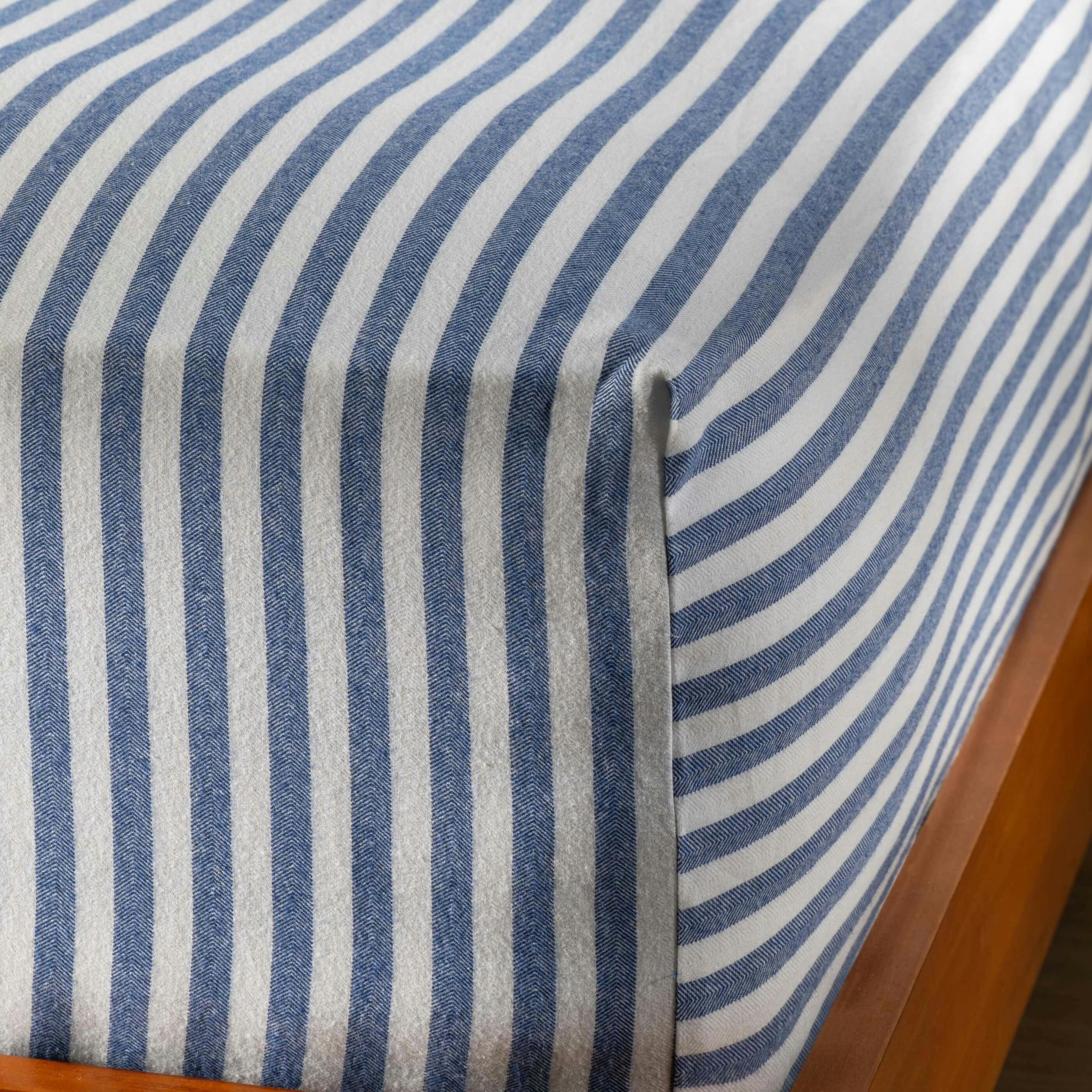 Rackhams Blue Mediterranean Herringbone Stripe Cotton 30Cm Standard Fitted Sheets - Superking