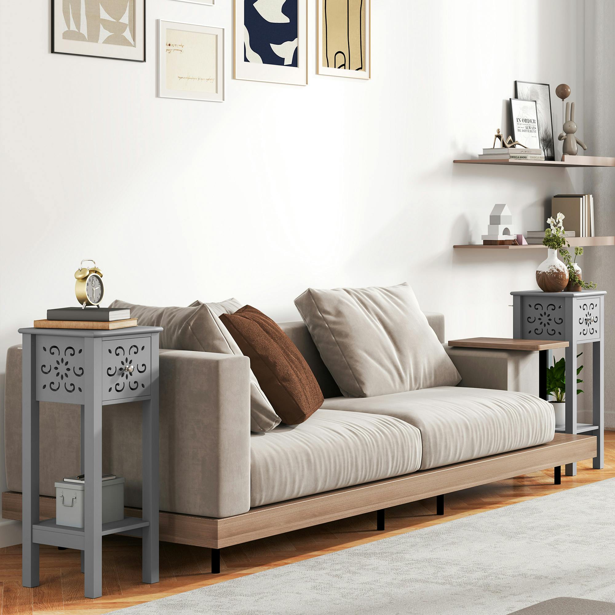 Rackhams Grey Bedside Table Set, End Table Set With Drawer And Storage Shelf,