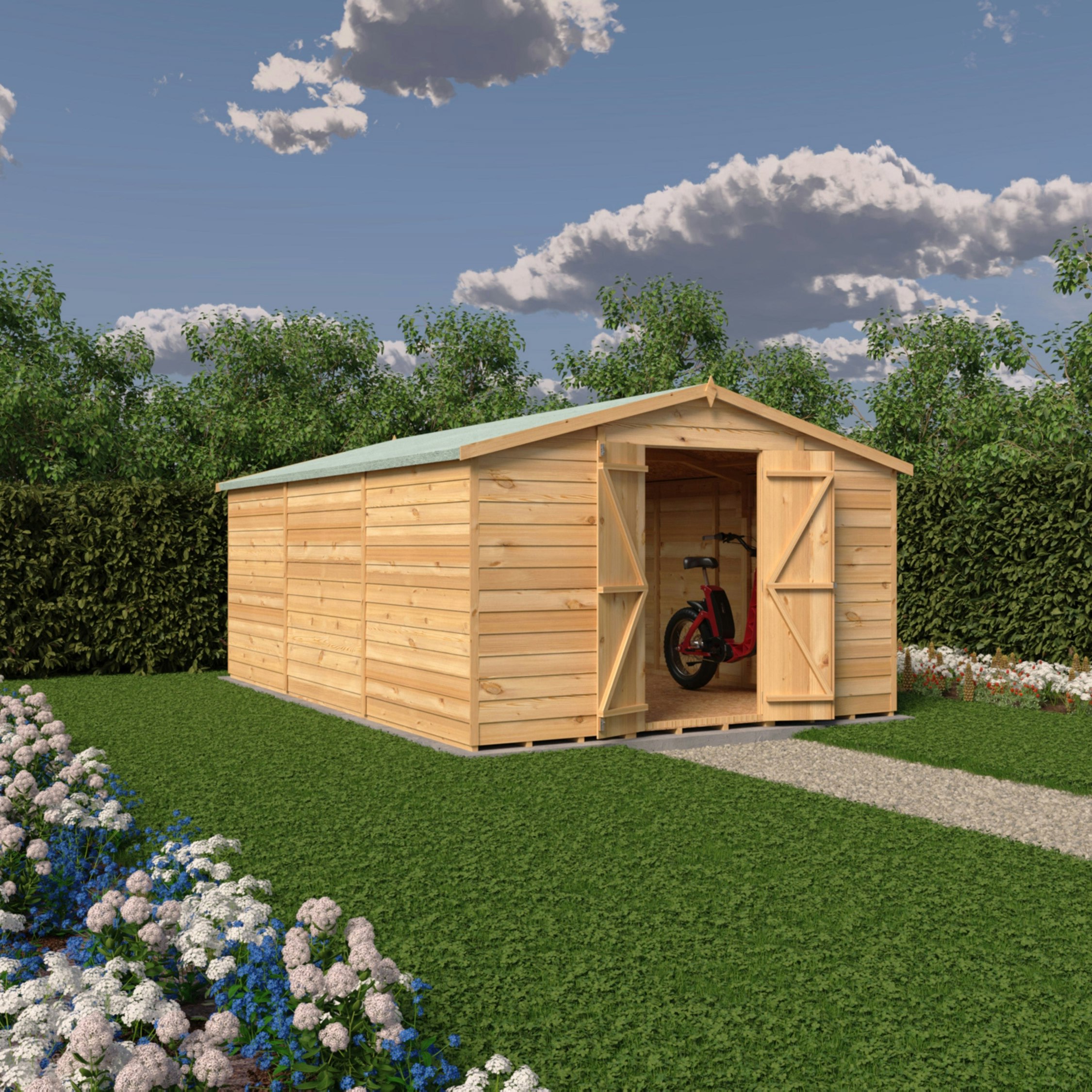 Rackhams Green Overlap Double Door No Windows 10X15 Economy Storage Shed