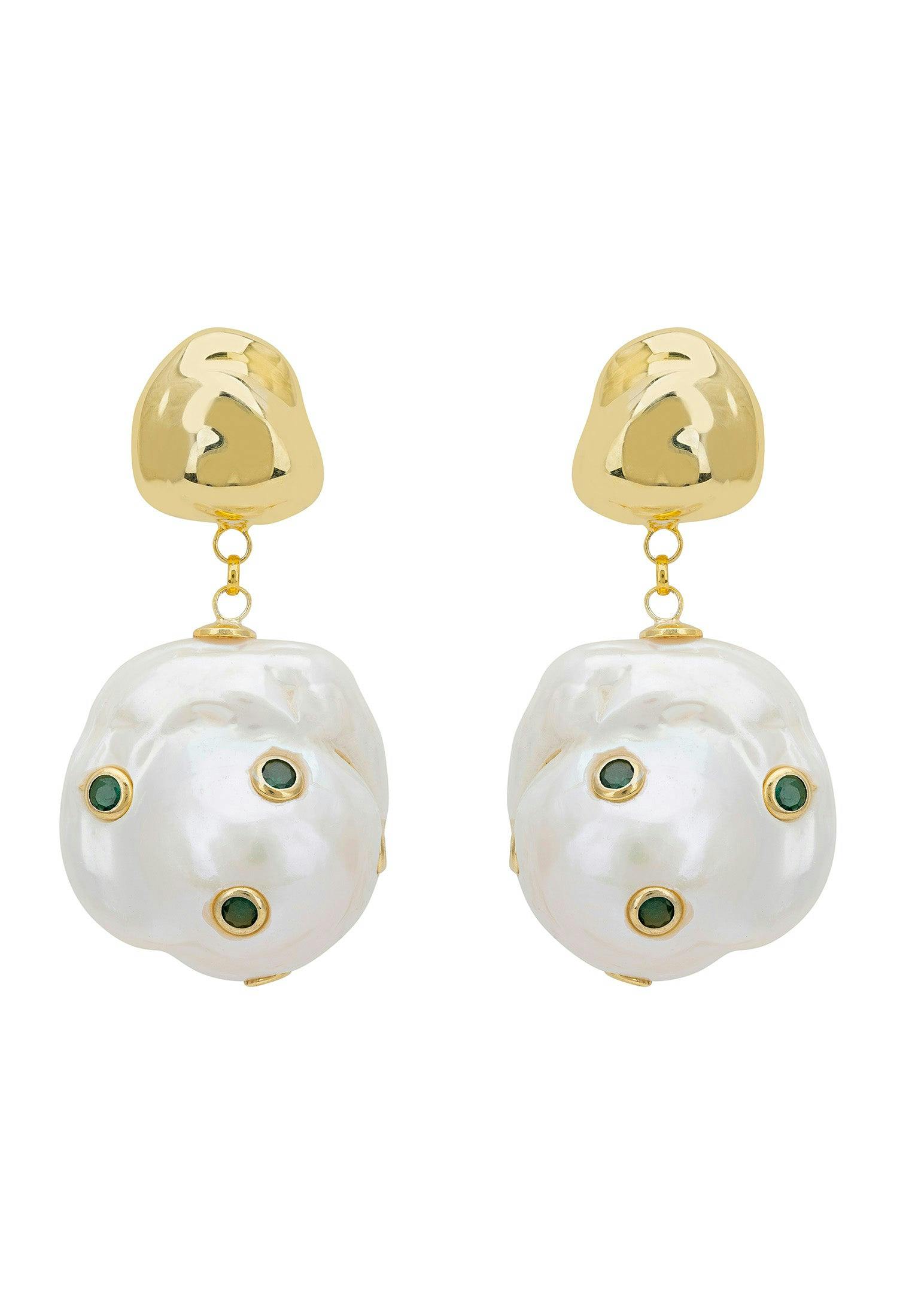 Latelita Gold Polka Dot Baroque Pearl Drop Earrings Emerald