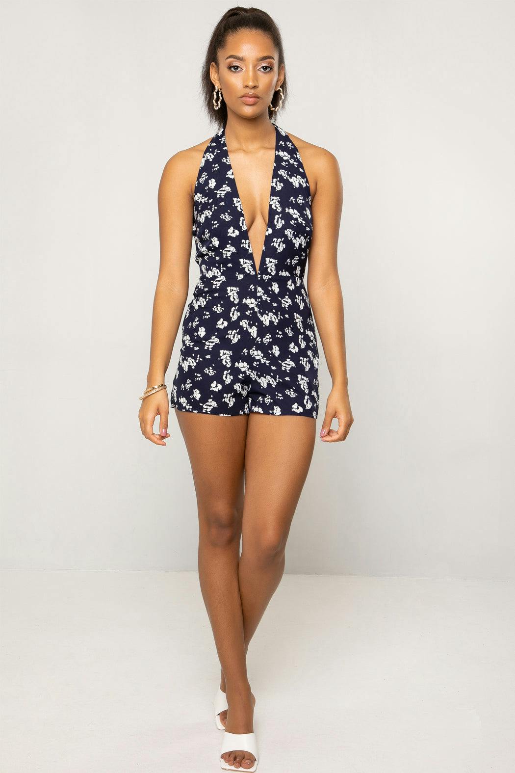 Urban Bliss Light Mariella Halter Neck Plunge Tie Back Navy Floral Print Playsuit - 16