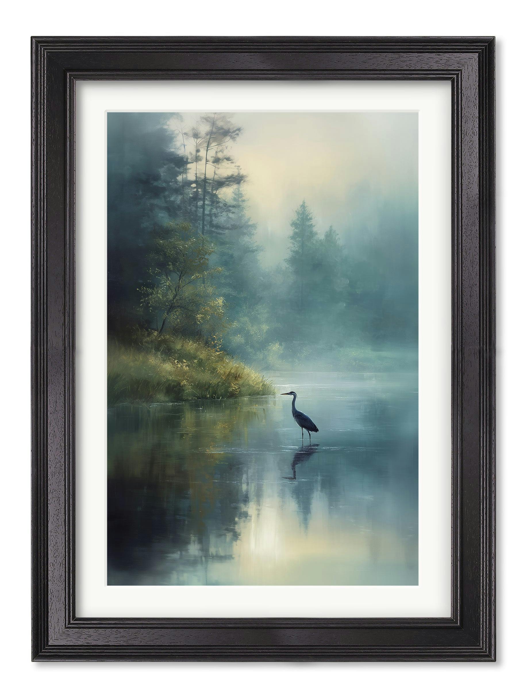 Rackhams Black Misty Lake Heron - Hurstwood Frame - Misty Lake Heron - 38 X 50Cm (A3)