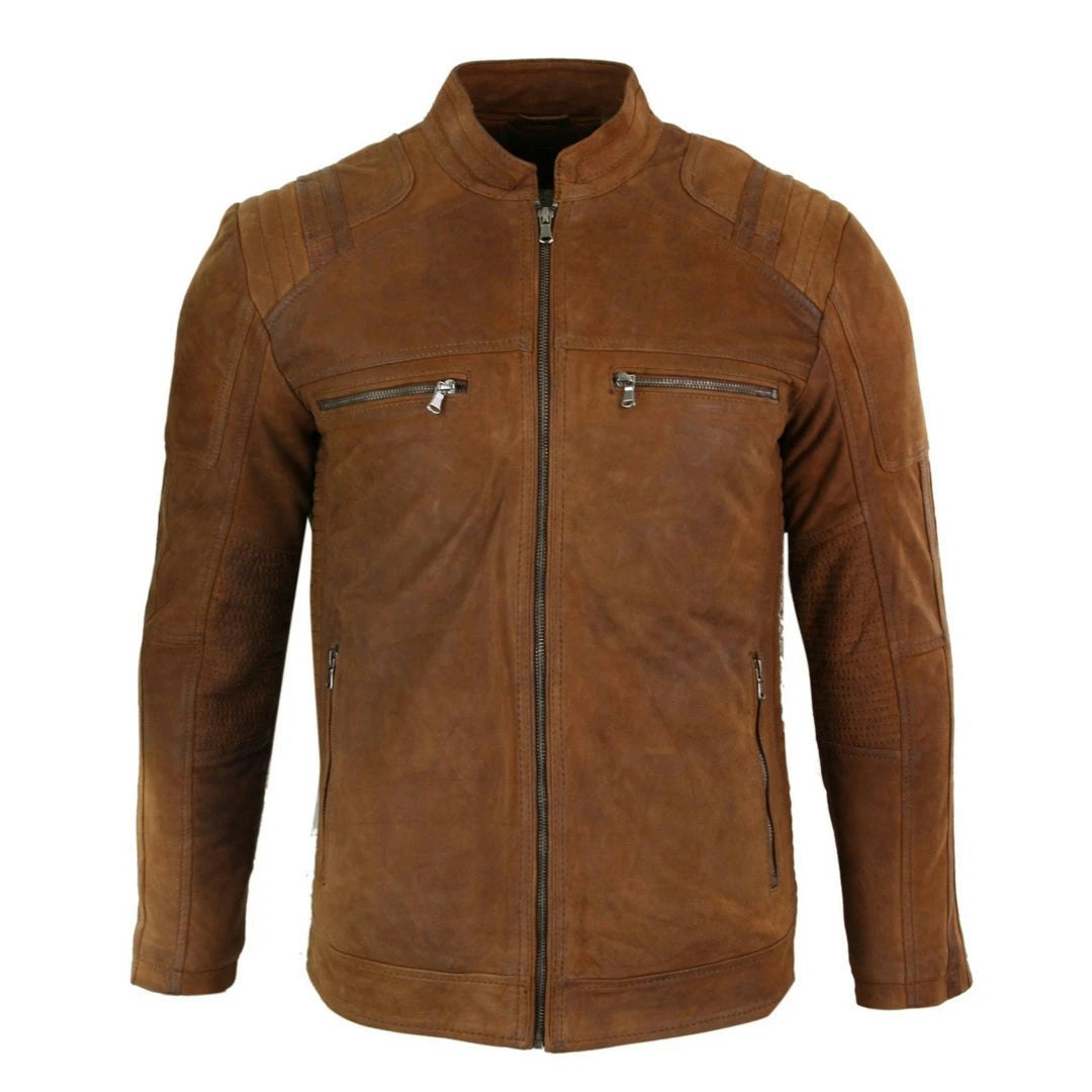 Infinity Leather Men's Leather Company Suede Leather Camel Zip Biker Racing Jacket Washed Nehru Collar - 4XL