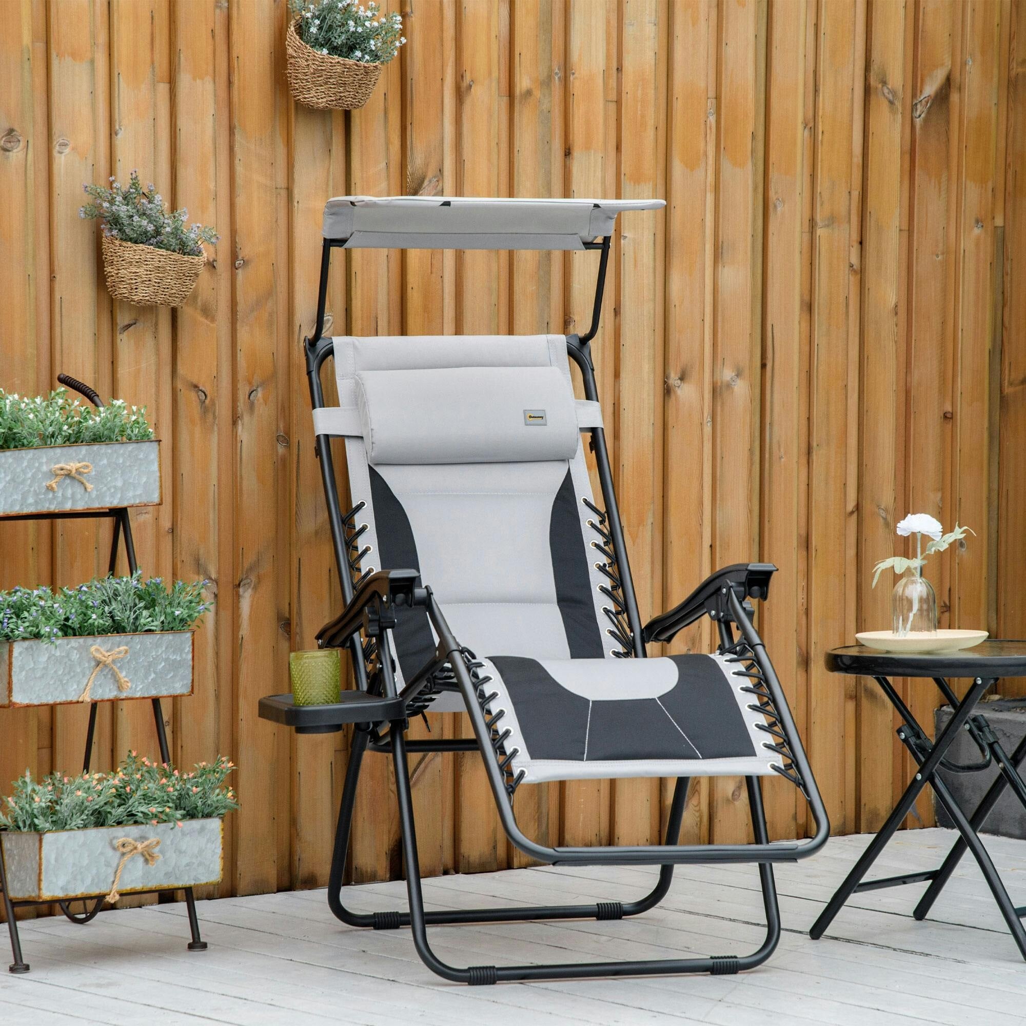 Bobobiy Grey Zero Gravity Lounger Chair, Folding Reclining Patio Chair With Shade Cover, Padded Seat, Cup Holder, Soft Cushion And Headrest - Image 3