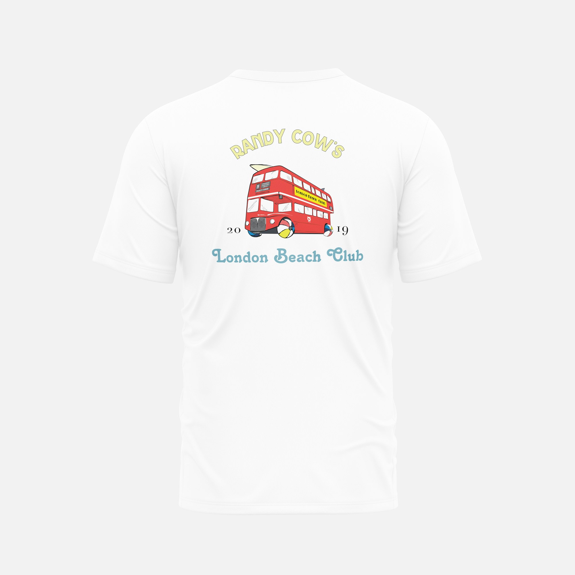 Randy Cow White London Beach Club Bus - Organic Cotton T-Shirt - 2 - With Back Graphic