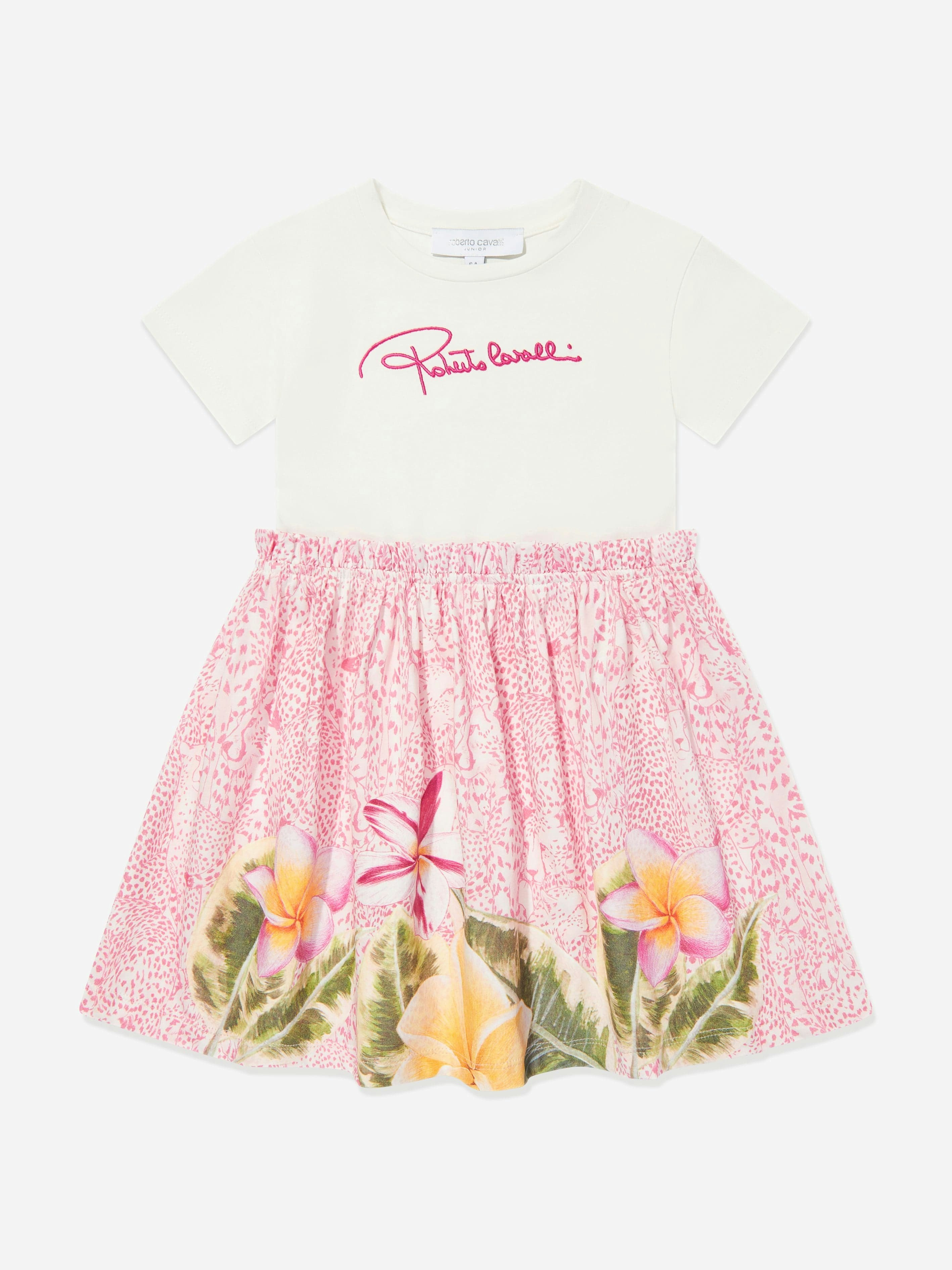 Roberto Cavalli Girls Pink Floral Logo Dress In - 14 Yrs
