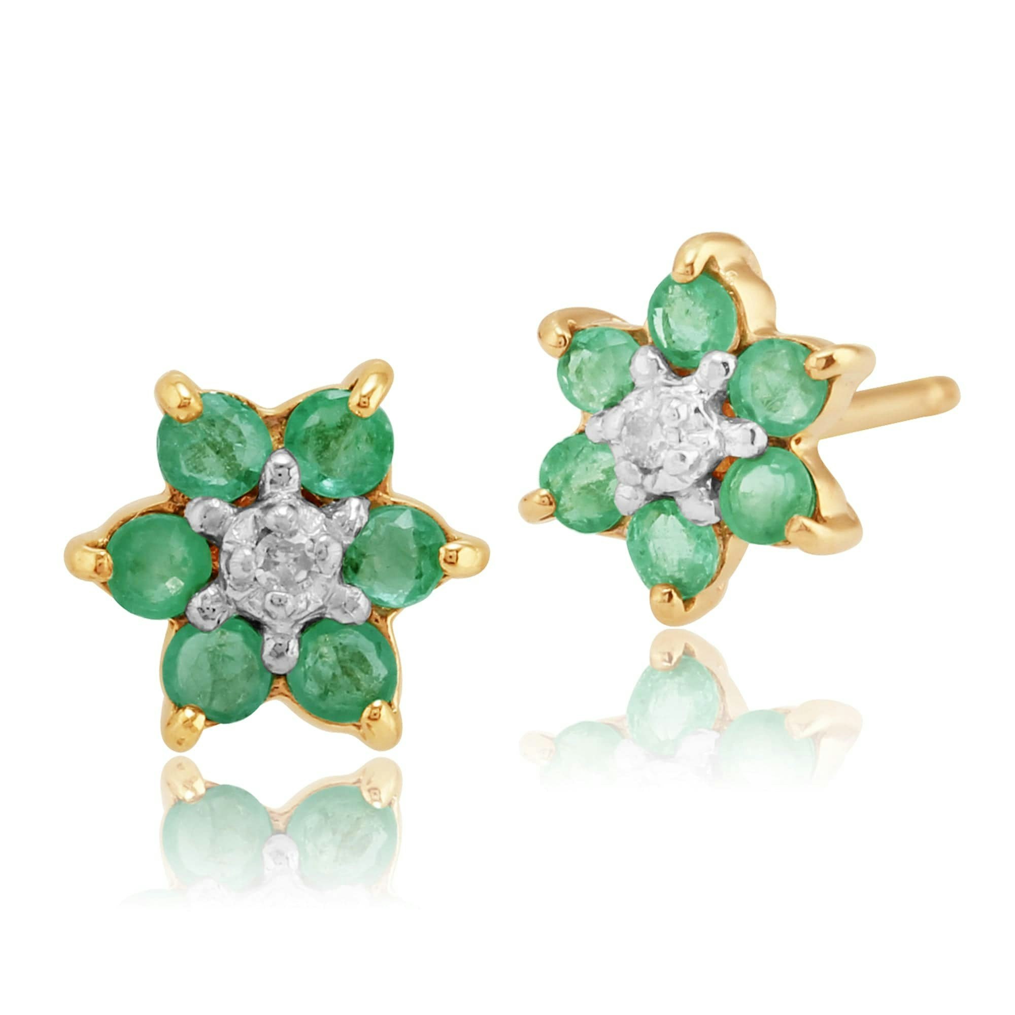 Gemondo Yellow/Gold Floral Round Emerald & Diamond Cluster Stud Earrings In 9Ct