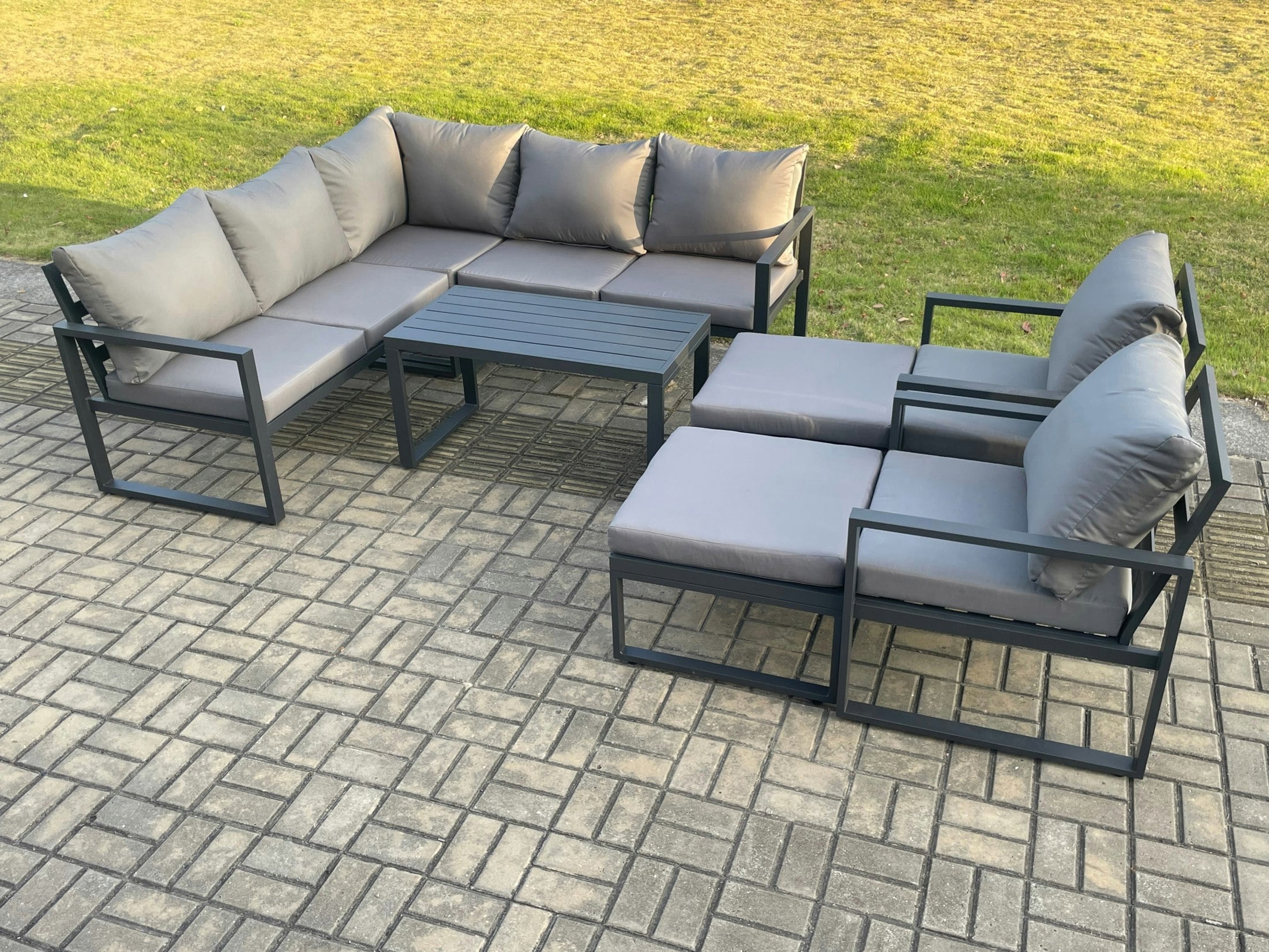 Rackhams Dark/Grey 9 Seater Aluminium Outdoor Garden Furniture Set Patio Lounge Sofa With Oblong Coffee Table 2 Big Footstools