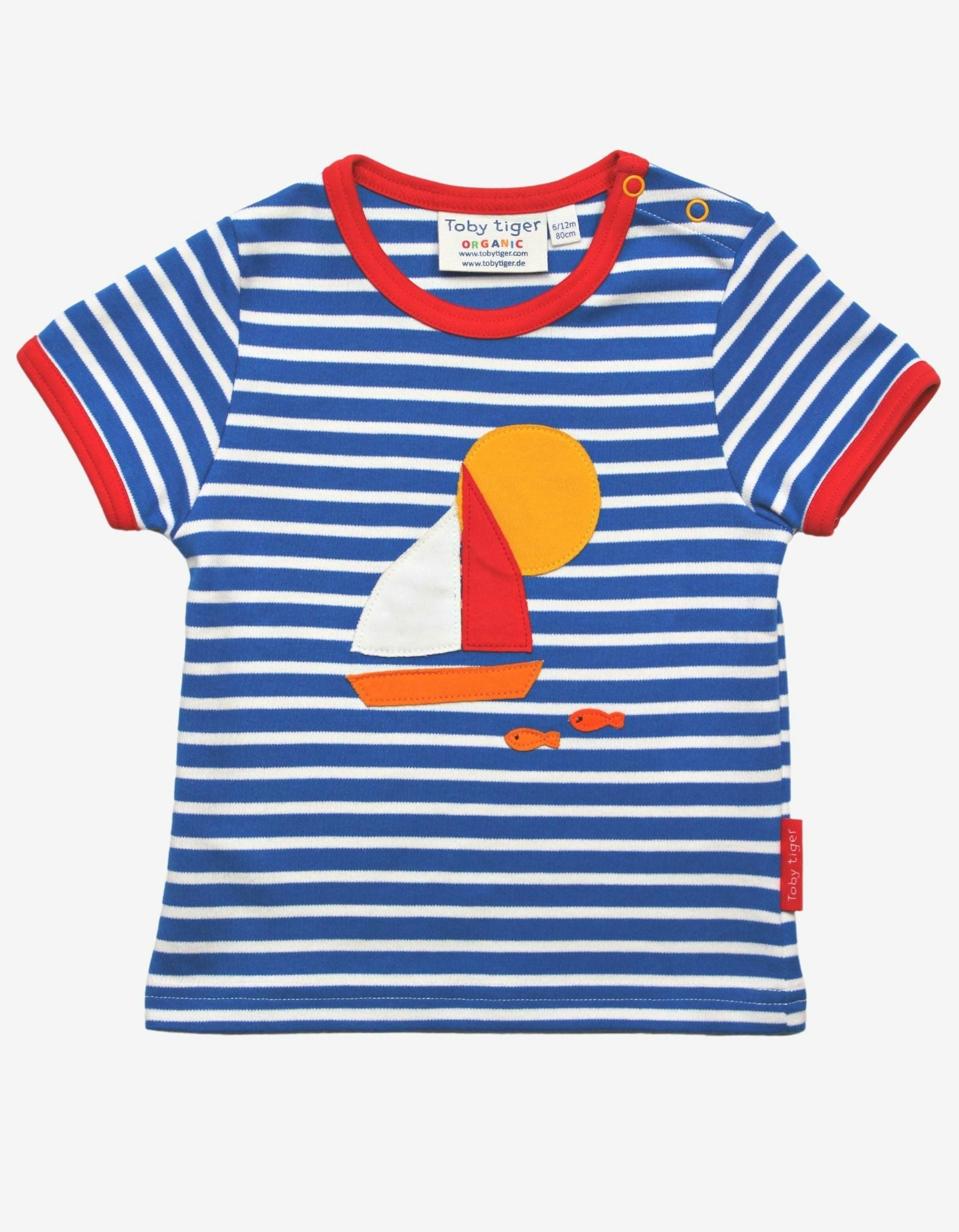 Toby Tiger Blue/White/Red Organic Sailboat Applique Short-Sleeved T-Shirt - 7-8Y / 128
