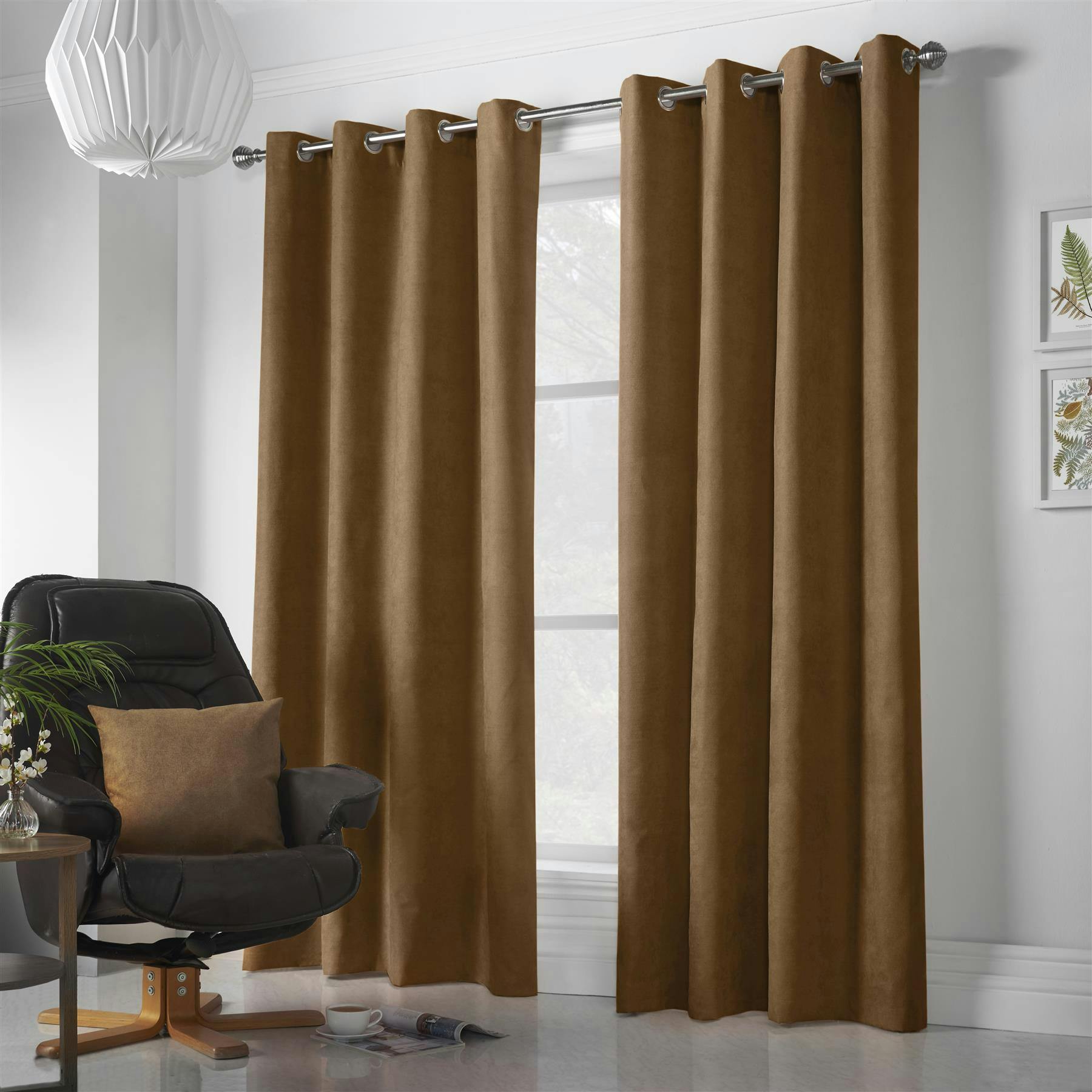 Rackhams Velvet Chenille Ring Top Curtains - Tan - 142Cm Width X 183Cm Drop