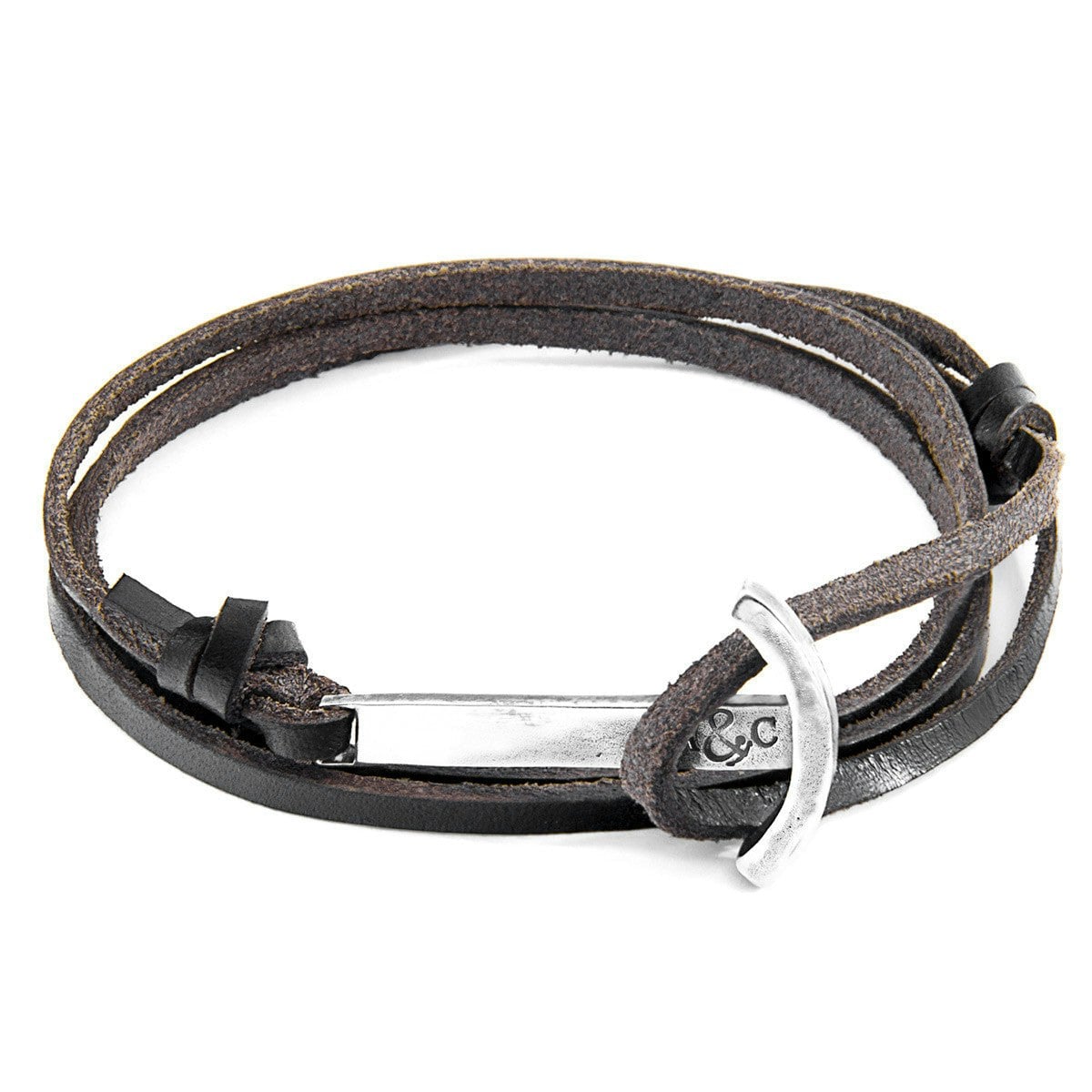 Anchor & Crew Dark/Brown/Silver Clipper Anchor And Flat Leather Bracelet