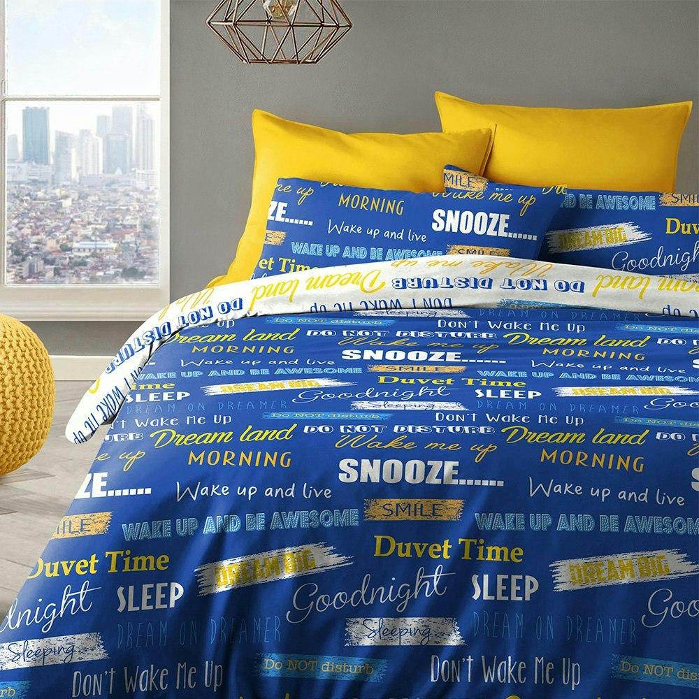 Rackhams Blue Wake Me Up Printed Cotton Blend Duvet Cover And Pillowcase Set - King