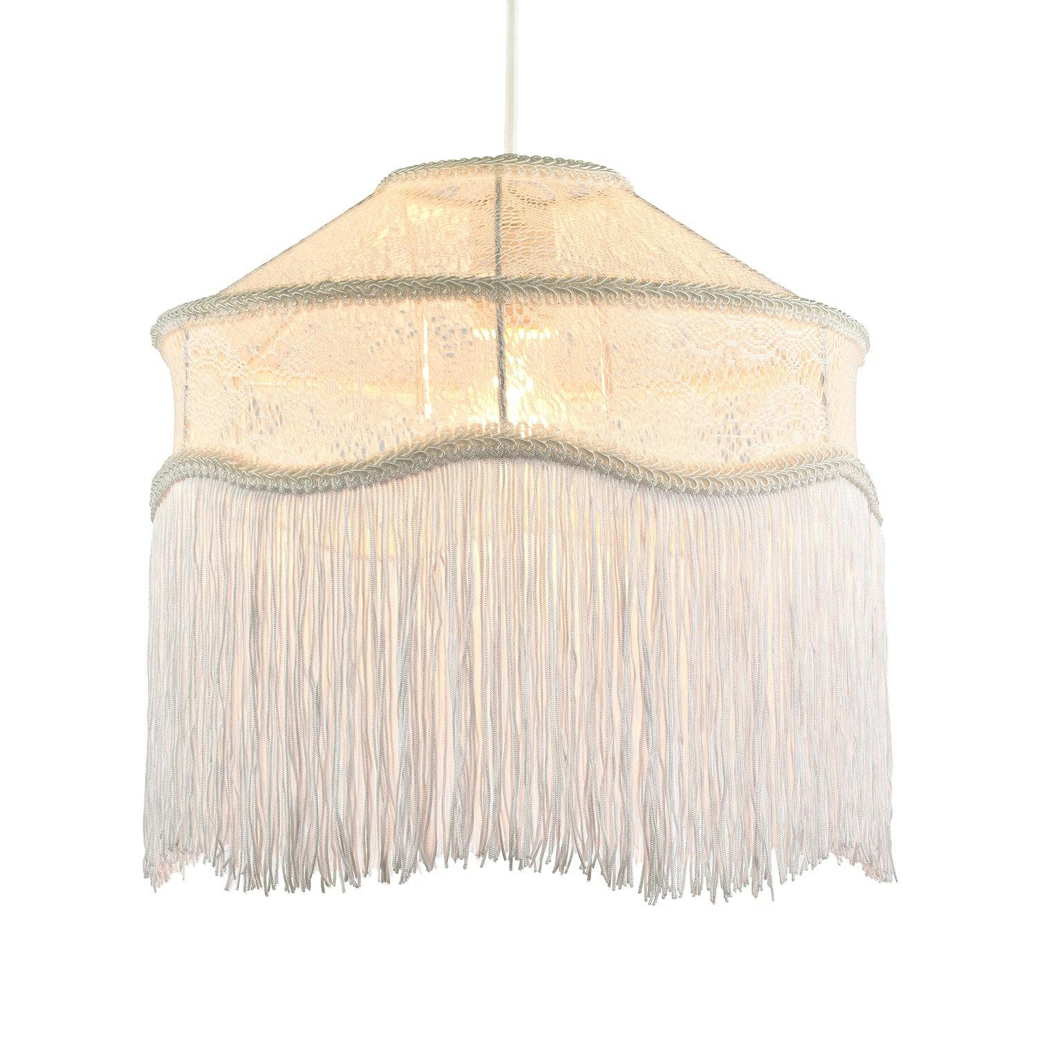 Rackhams White/Light Chic Lace Fabric Victorian Style Pendant Shade With Trims