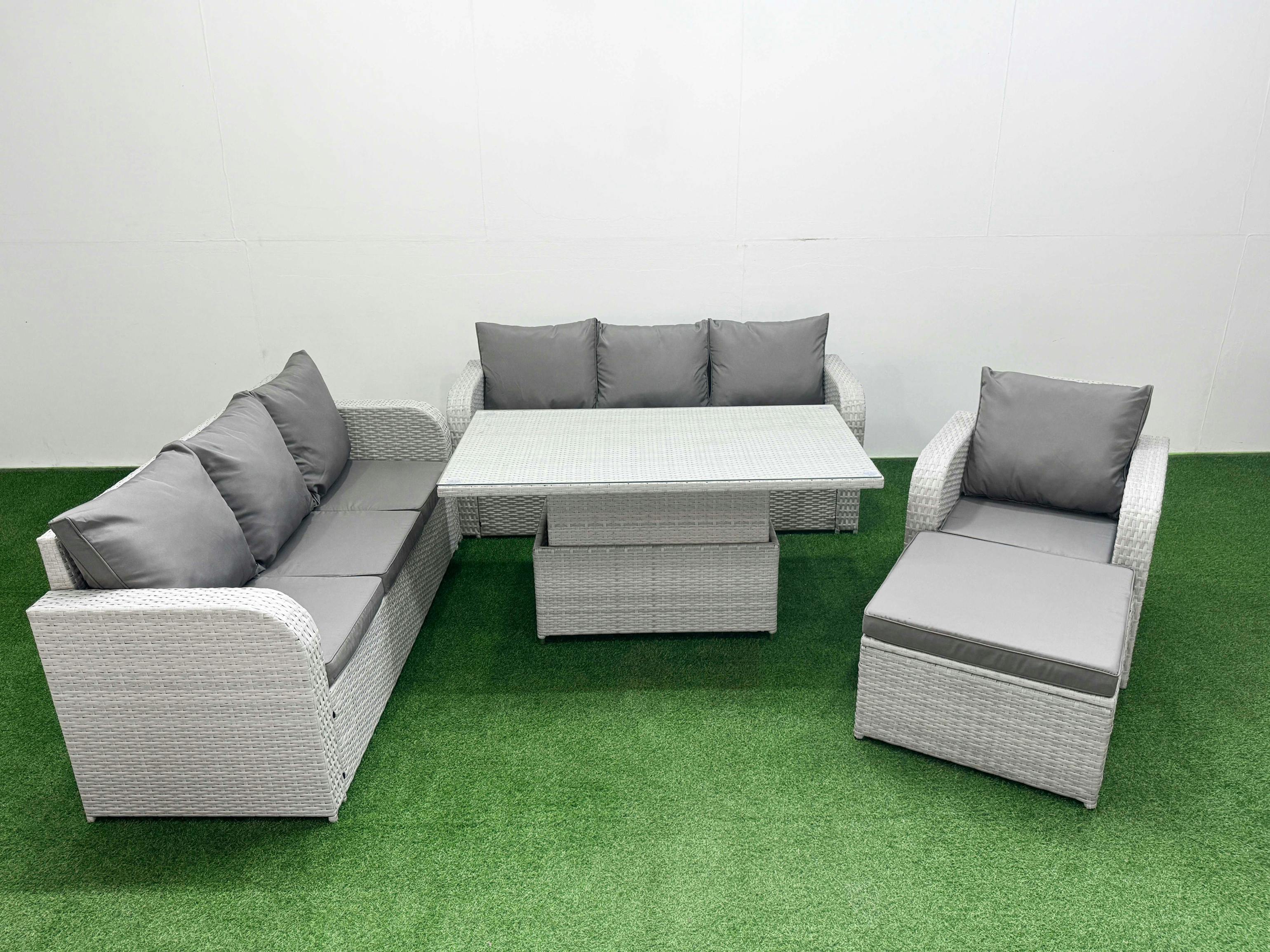 Rackhams Light/Grey 8 Seater Poly Rattan Garden Furniture Patio Set, Adj Height Table, 3 Seater Sofa, Reclining Chair, 3 Seater Sofa, Big Footstool,