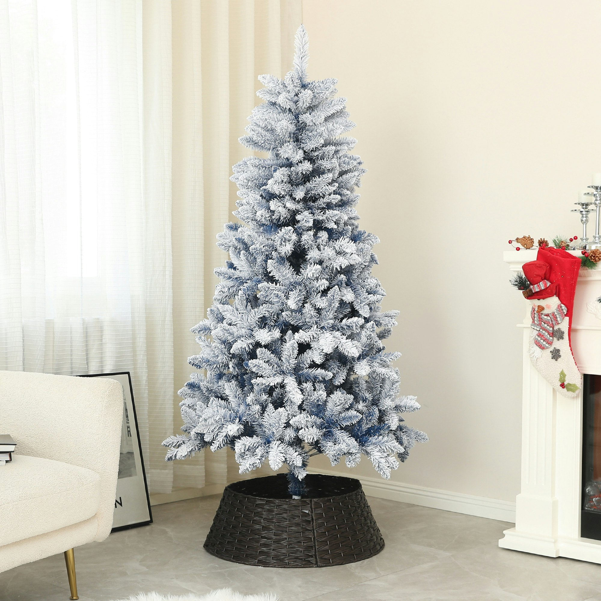 Homcom Blue 5 Foot Artificial Snow Flocked Christmas Tree With Hinged Branches - 5Ft