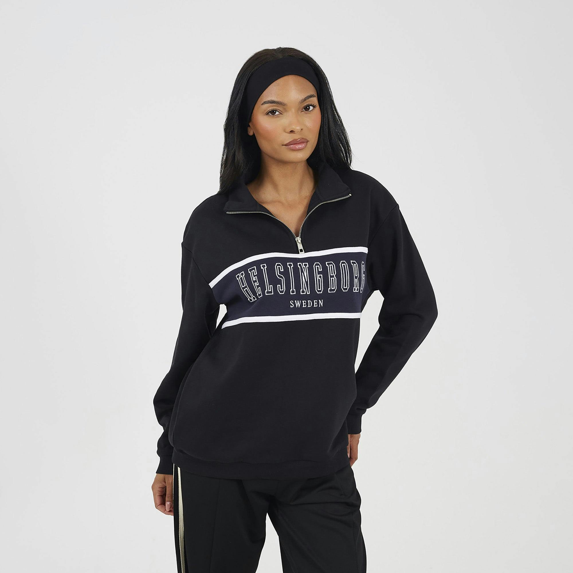Brave Soul Black Funnel Neck Quarter Zip Sweatshirt With Embroidery - Xs