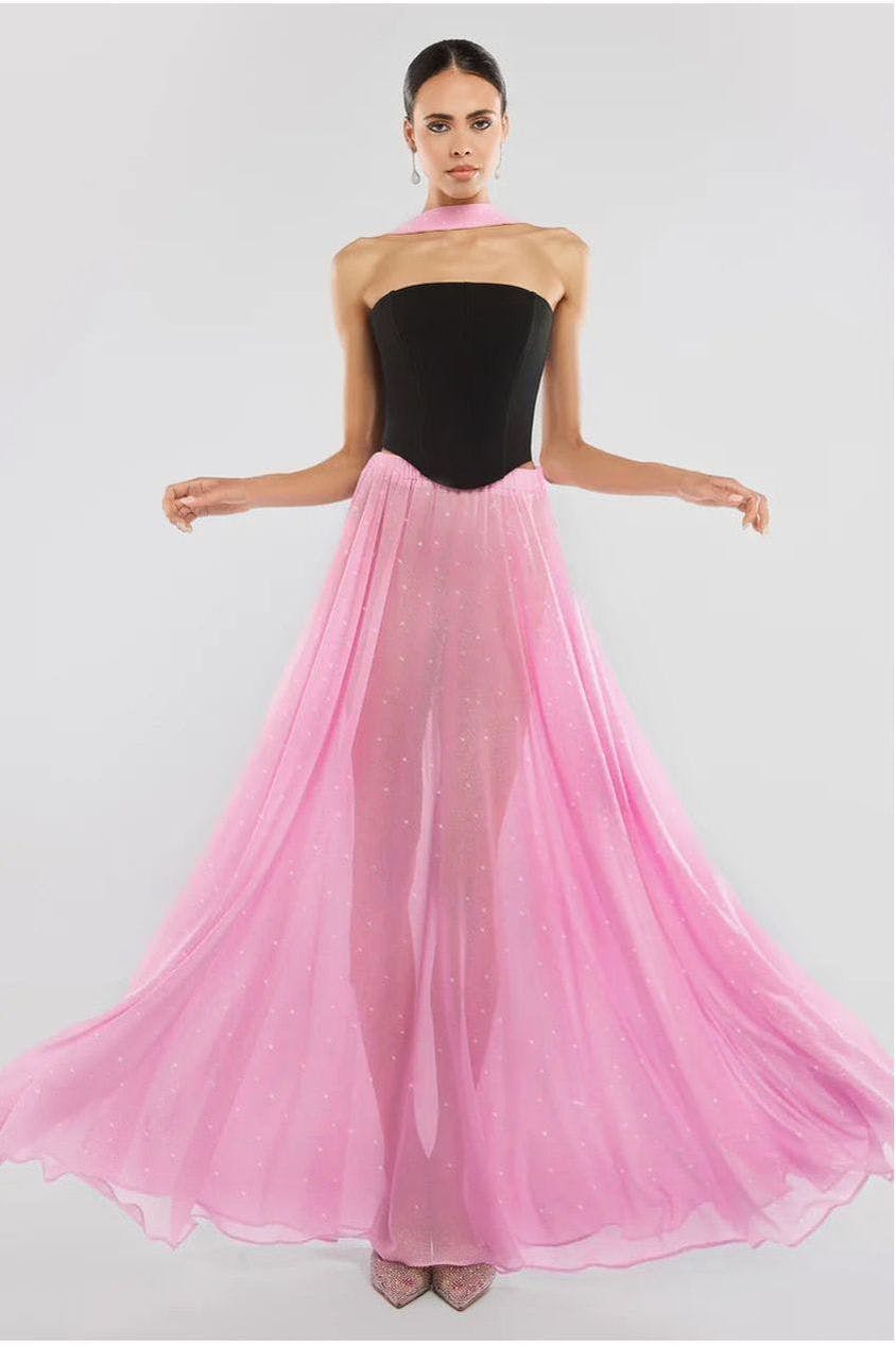 Goddiva Pink Gathered A-Line Glitter Chiffon Maxi Skirt By - L